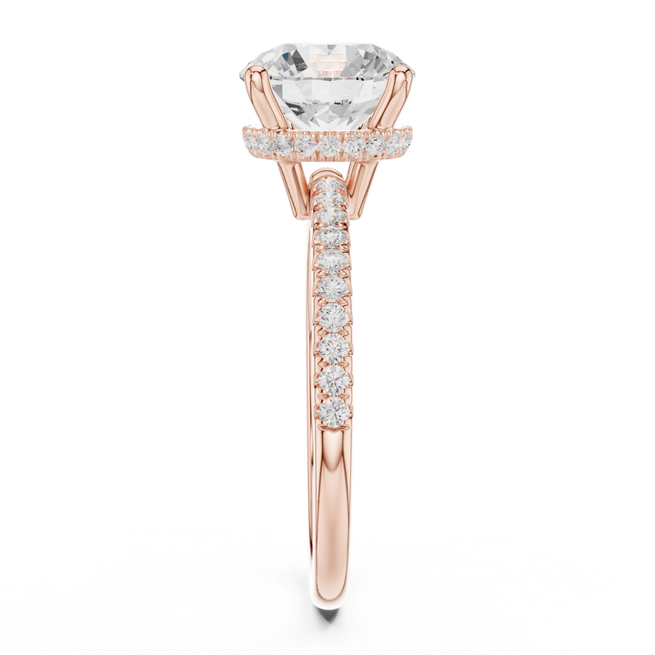 Side view of rose gold round solitaire ring with thin pave band and lab-grown diamond – Australia