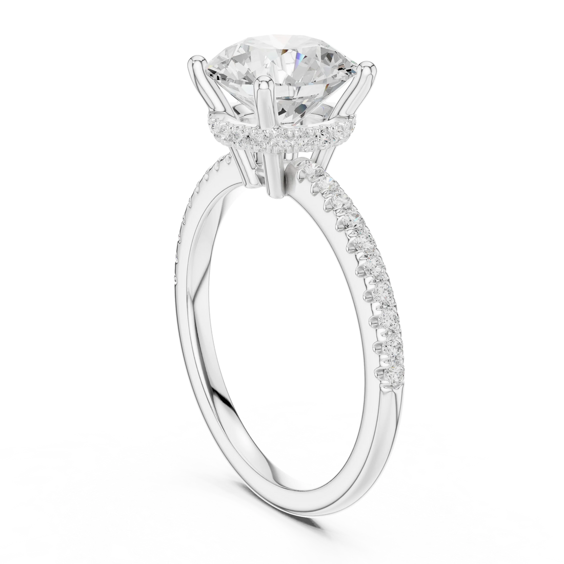 Back side view of white gold round solitaire ring with thin pave band and lab-grown diamond – Australia