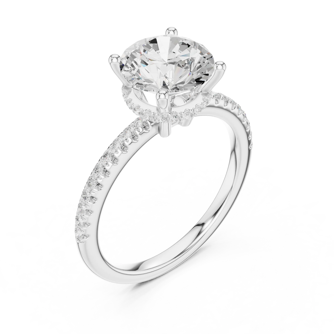 Front view of white gold round solitaire ring with thin pave band and lab-grown diamond – Australia