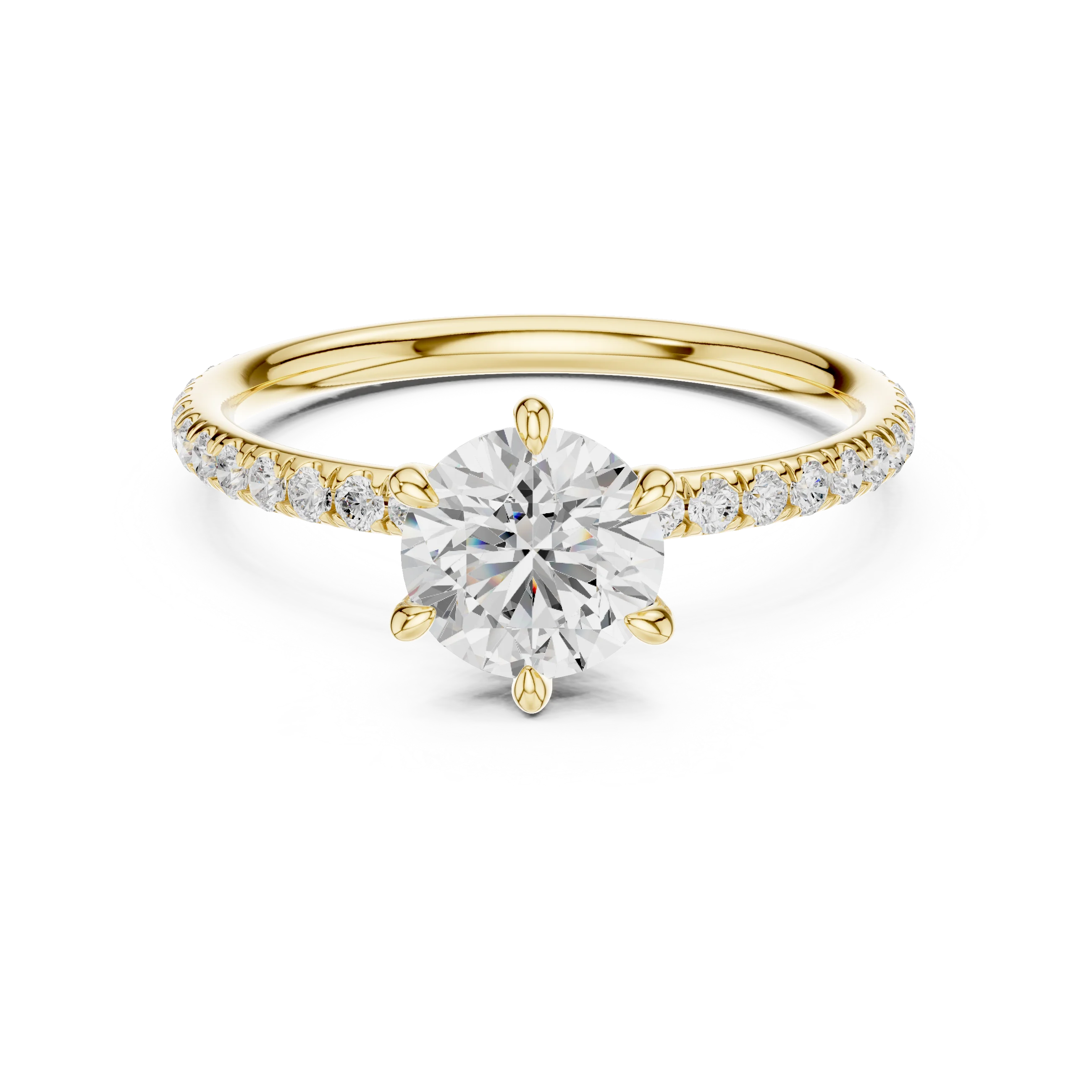Lab-grown round cut solitaire ring in yellow gold with thin pavé diamond band