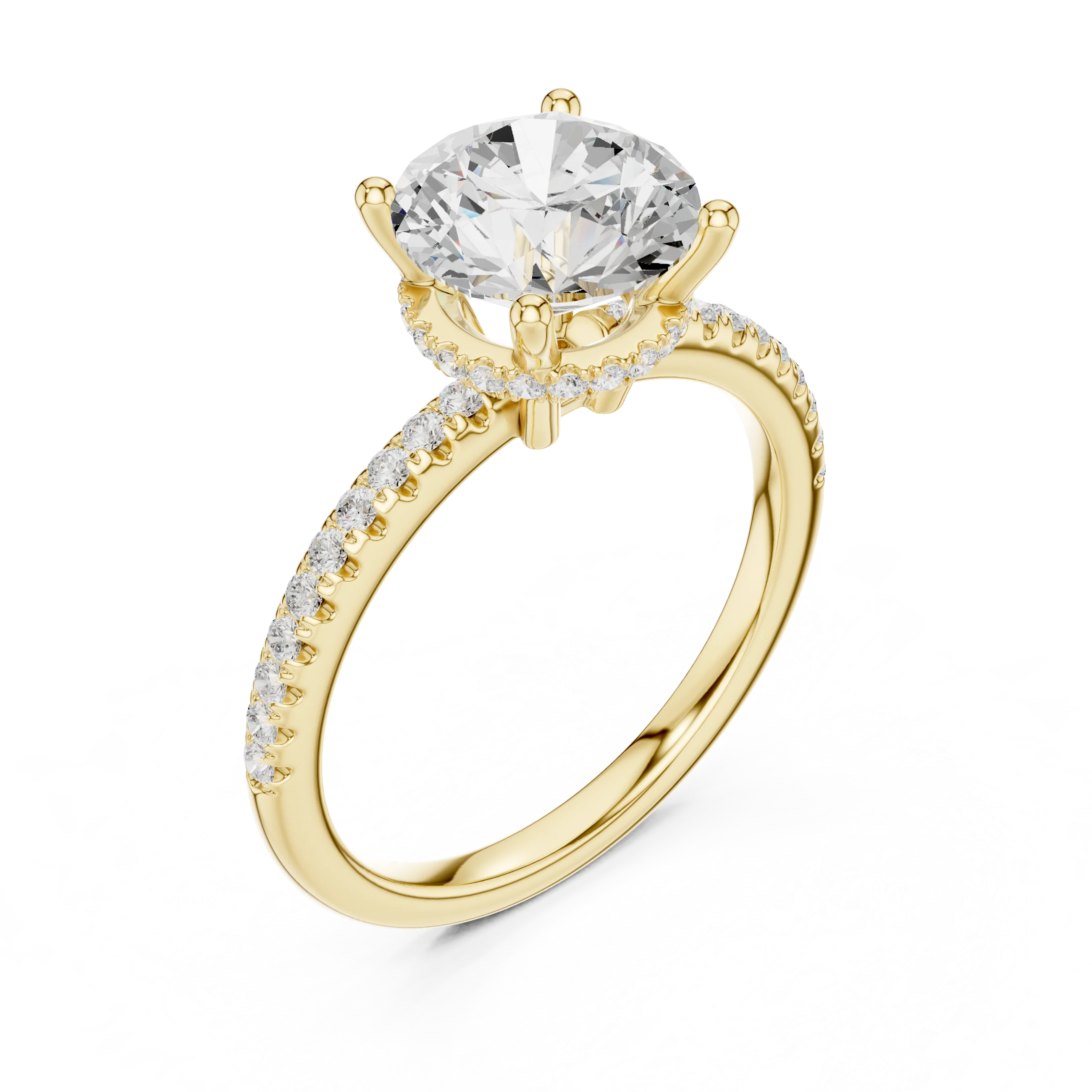 Front view of yellow gold round solitaire ring with thin pave band and lab-grown diamond – Australia