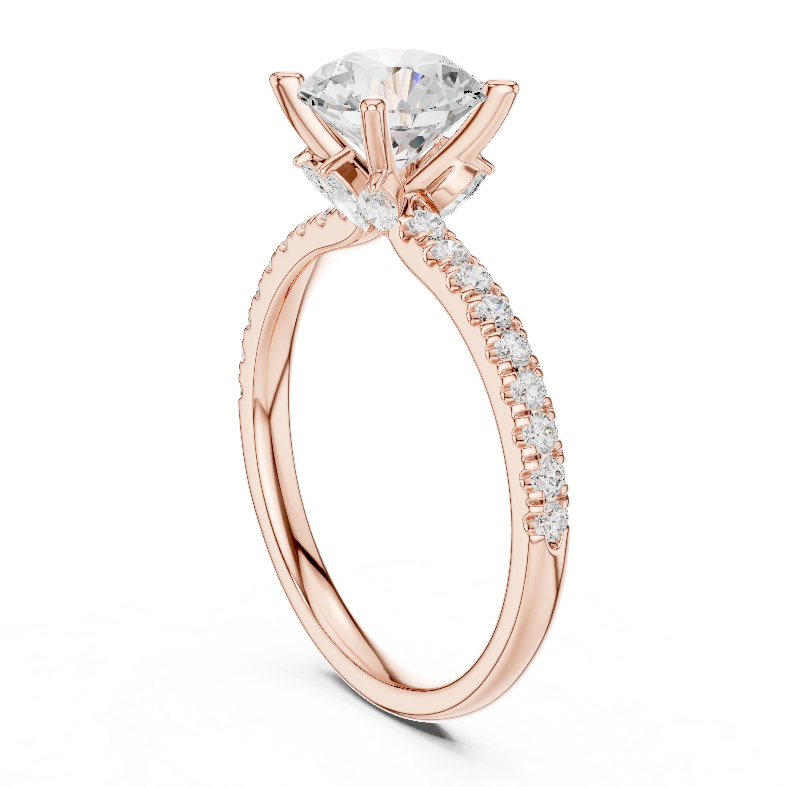 Back view of rose gold round solitaire ring with pave diamond band and lab-grown diamond – Australia