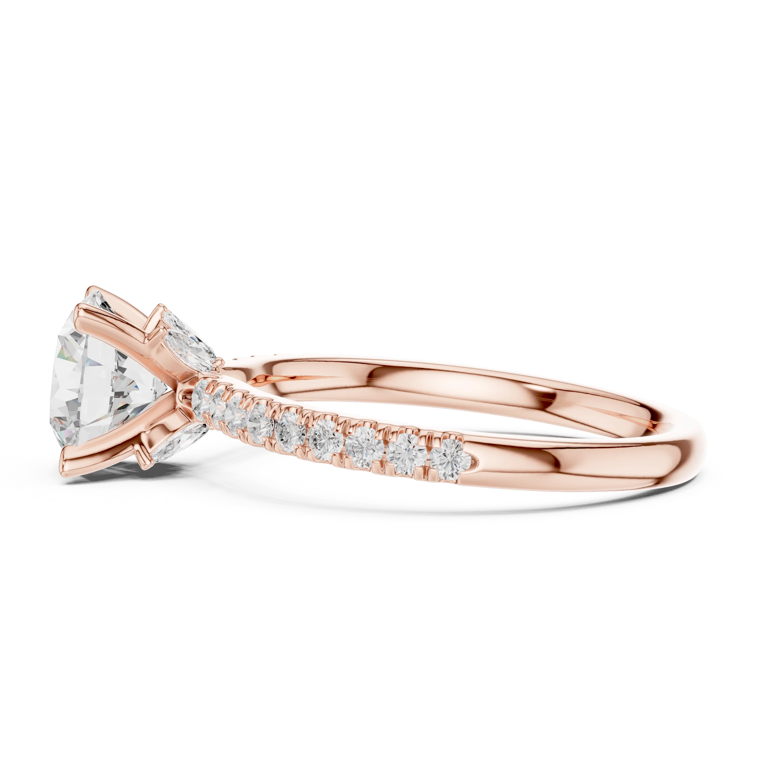 Side view of rose gold round solitaire ring with pave diamond band and lab-grown diamond – Australia