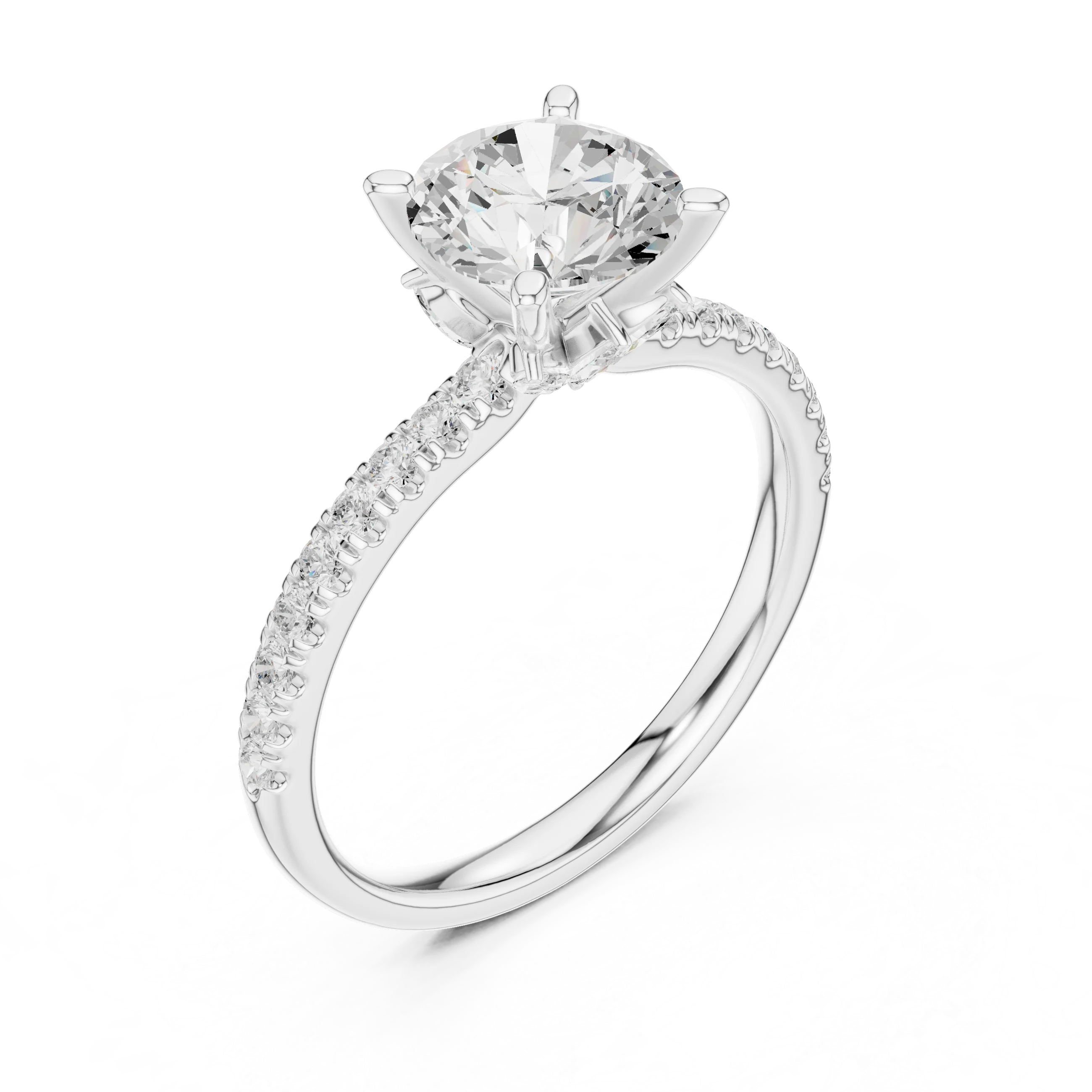 Front view of white gold round solitaire ring with pave diamond band and lab-grown diamond – Australia
