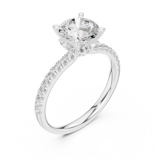 Front view of white gold round solitaire ring with pave diamond band and lab-grown diamond – Australia