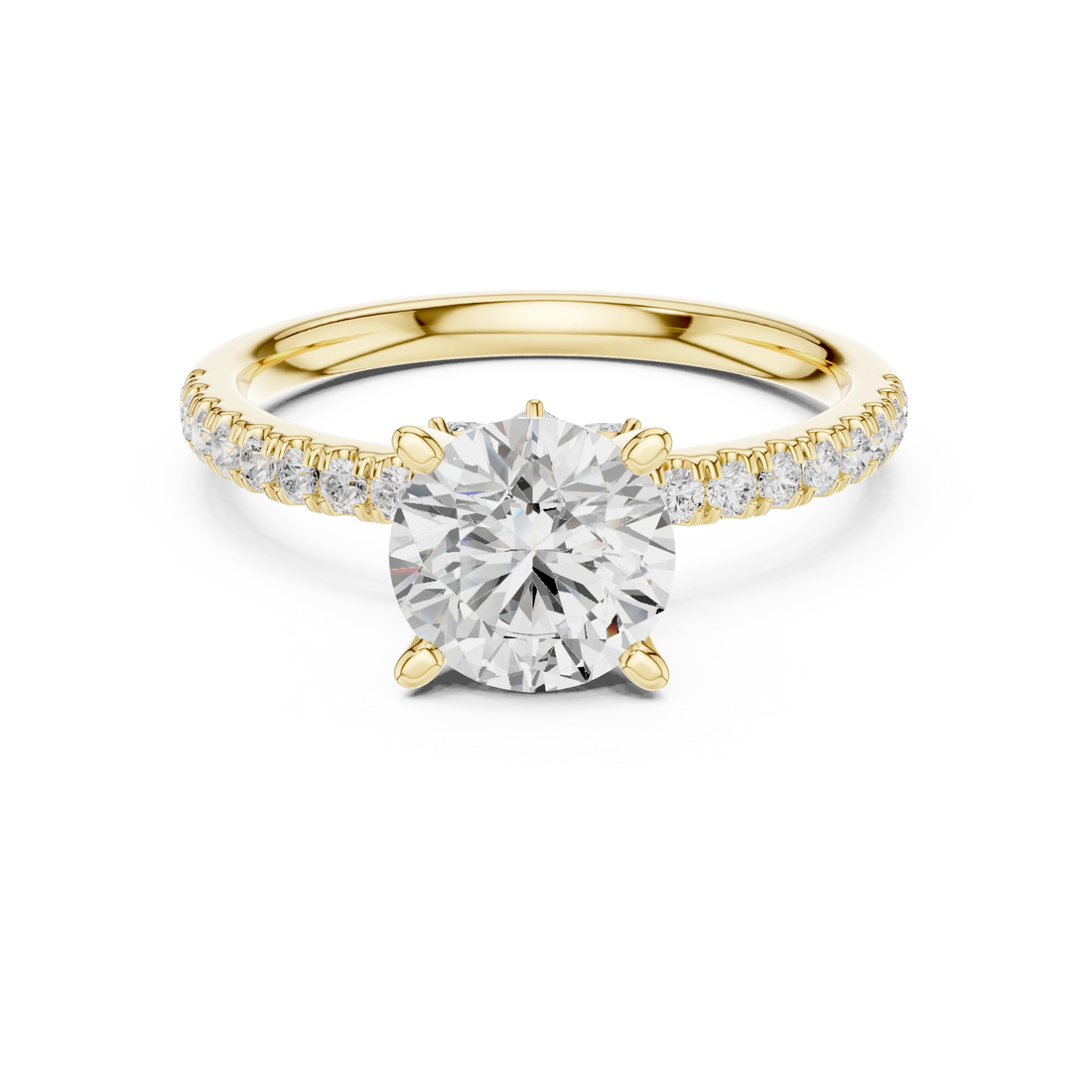 Round solitaire ring in yellow gold with pave diamond band and lab-grown diamond – Australia