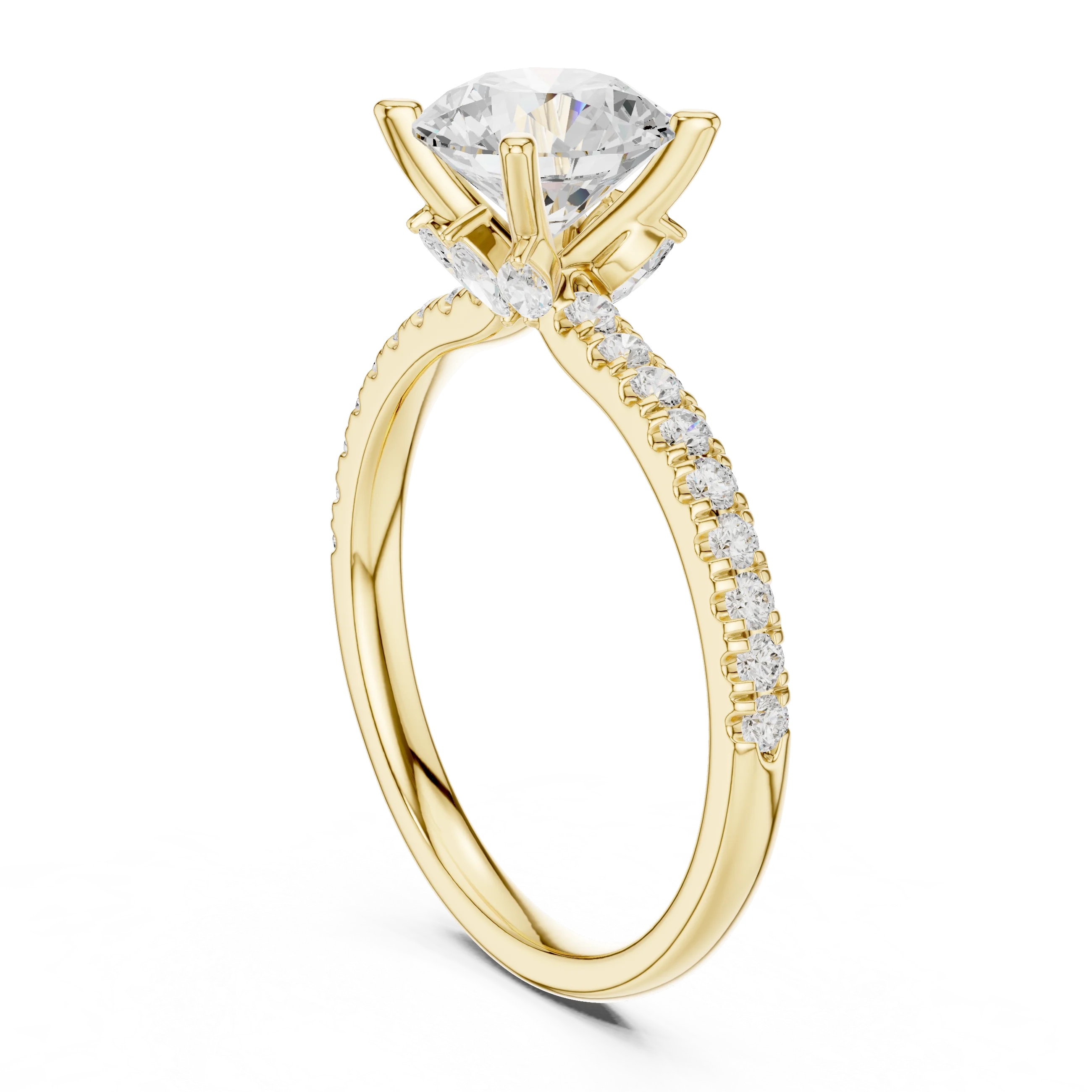Back view of yellow gold round solitaire ring with pave diamond band and lab-grown diamond – Australia