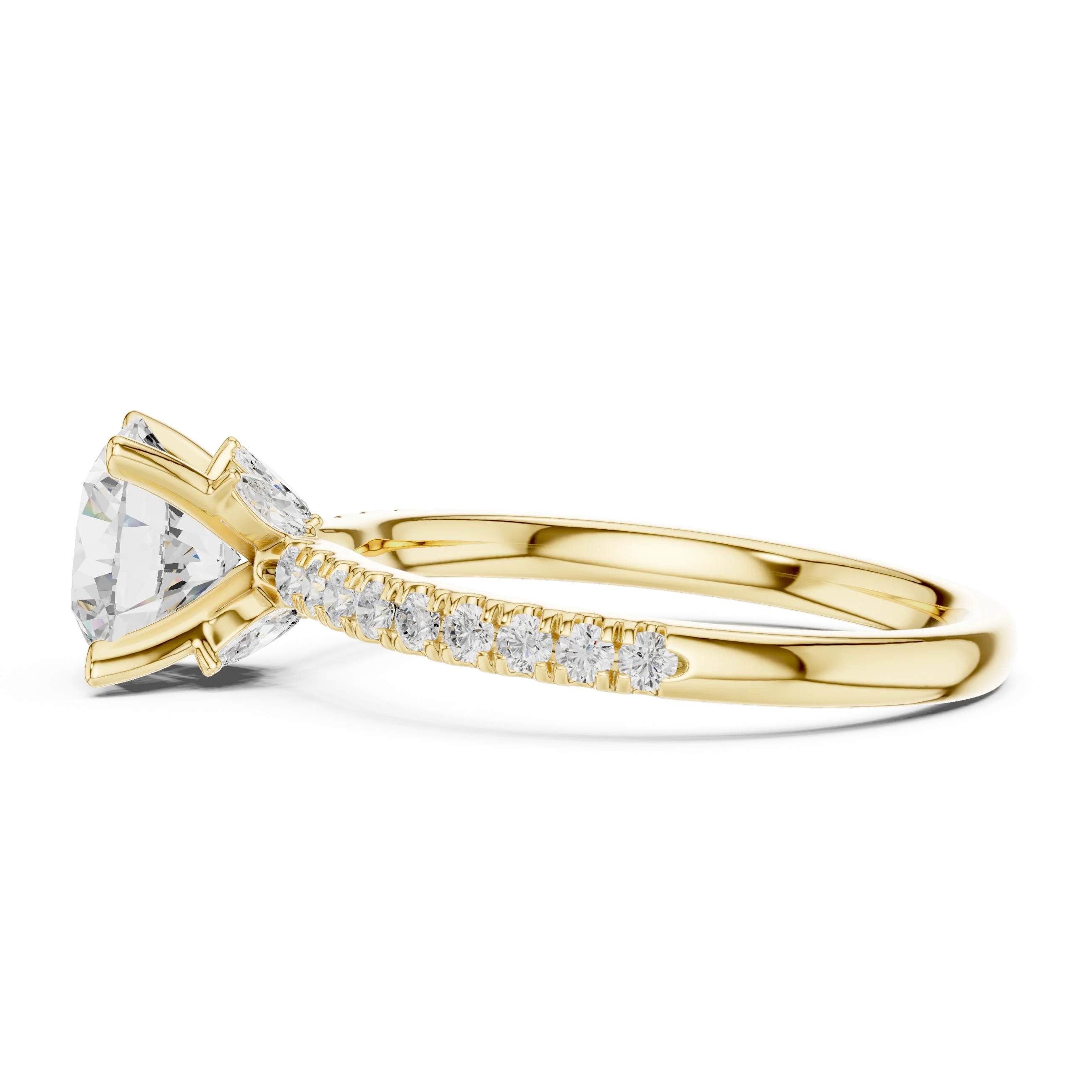 Side view of yellow gold round solitaire ring with pave diamond band and lab-grown diamond – Australia