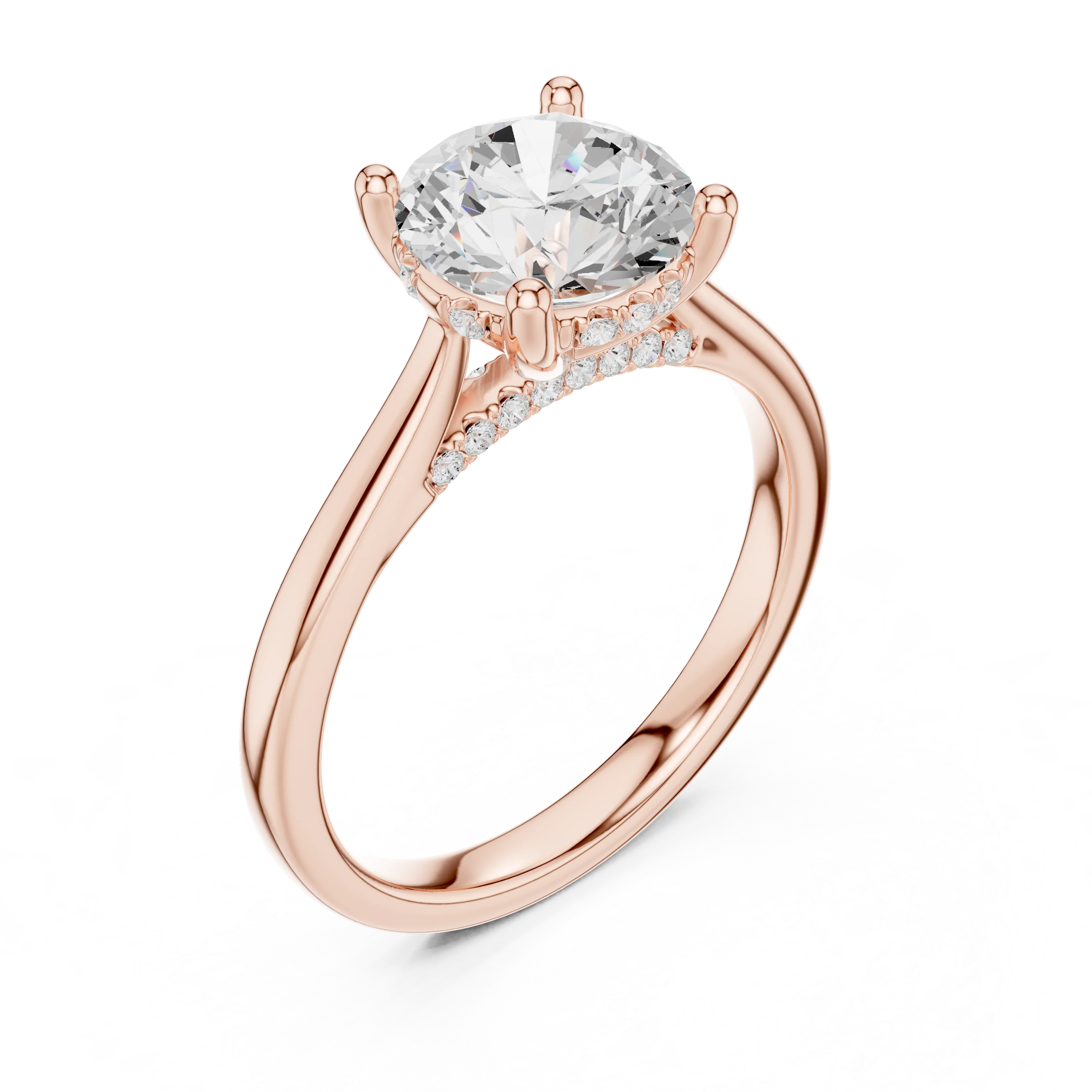 Front view of rose gold round solitaire ring with plain domed band and lab-grown diamond – Australia