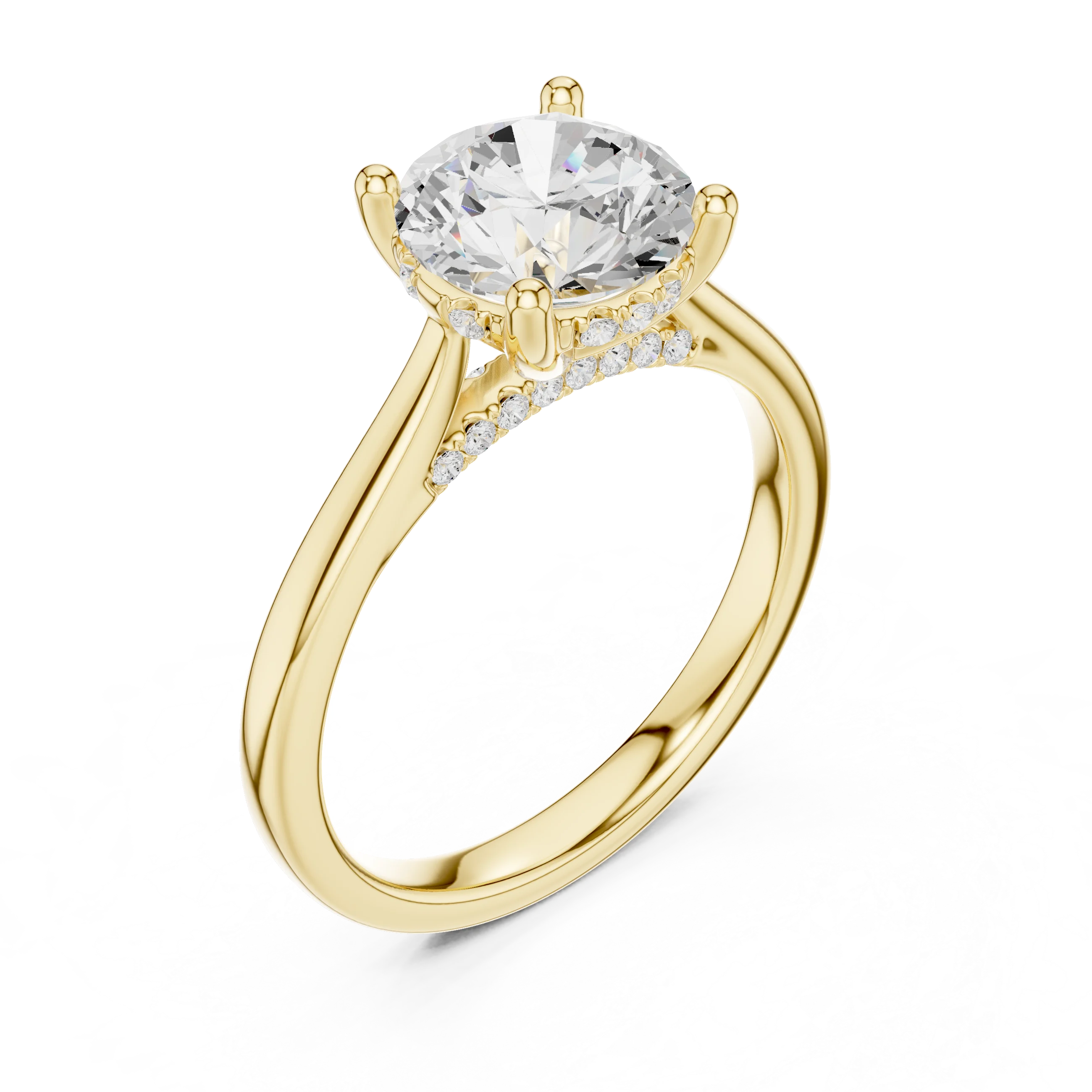 Front view of yellow gold round solitaire ring with plain domed band and lab-grown diamond – Australia