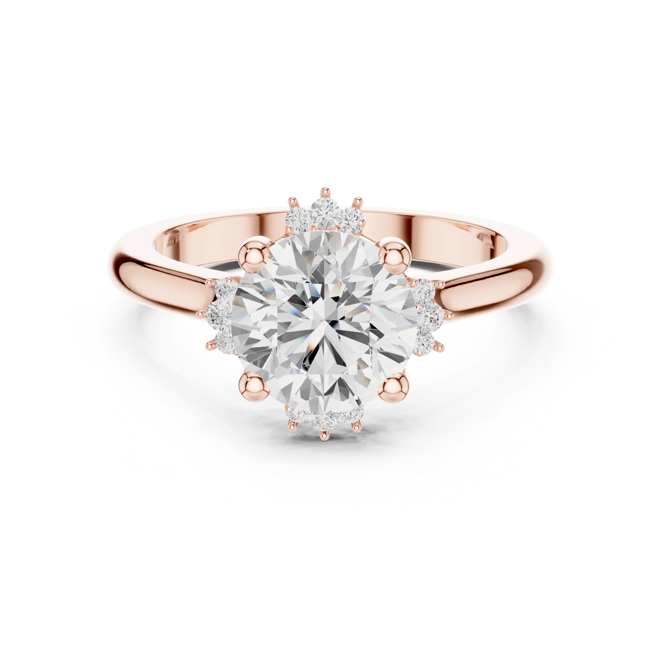 Round starburst cluster halo ring in rose gold with plain domed band and lab-grown diamond – Australia