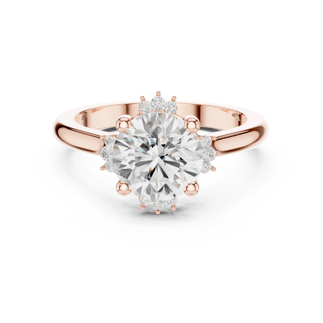 Round starburst cluster halo ring in rose gold with plain domed band and lab-grown diamond – Australia