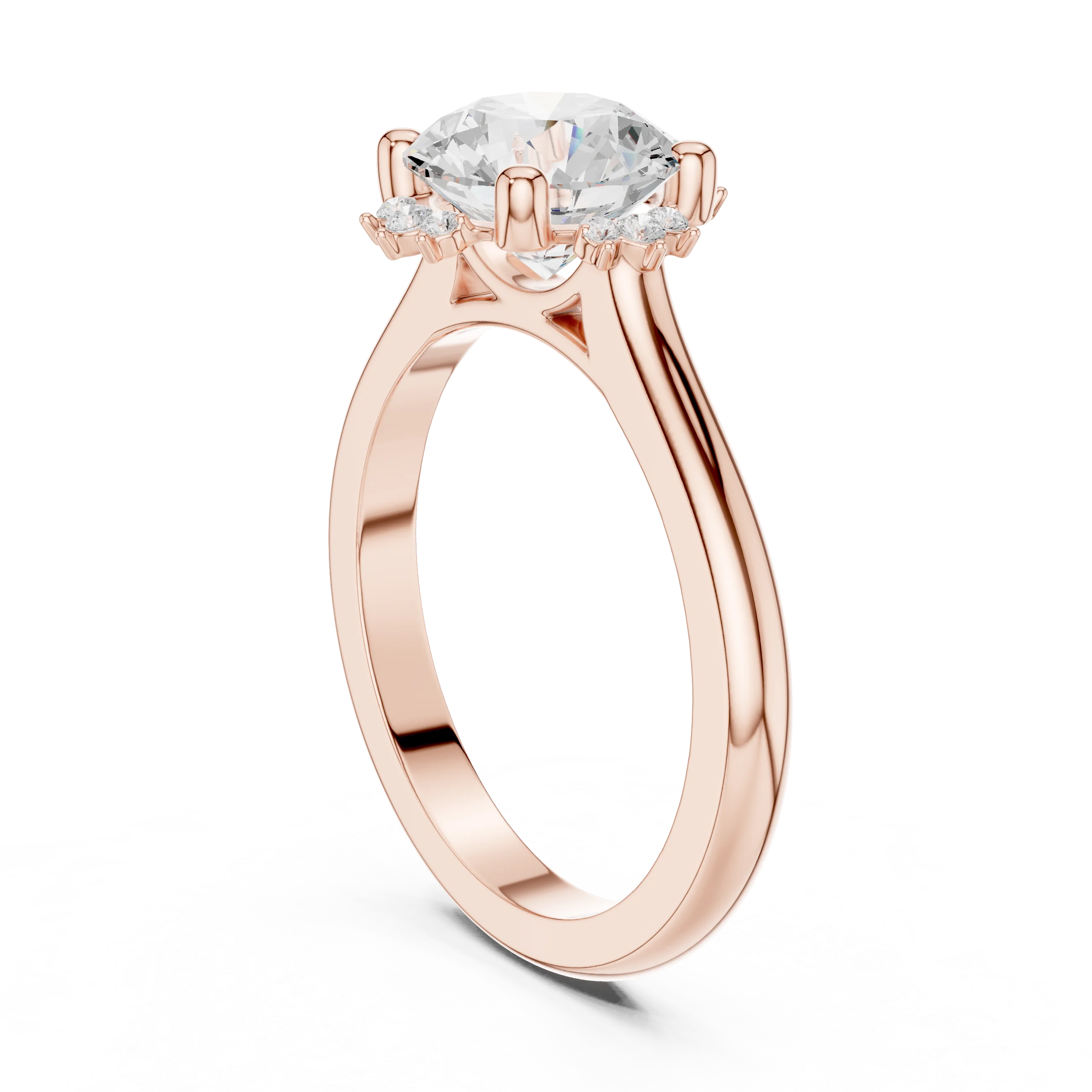 Back view of rose gold round starburst cluster halo ring with plain domed band and lab-grown diamond – Australia
