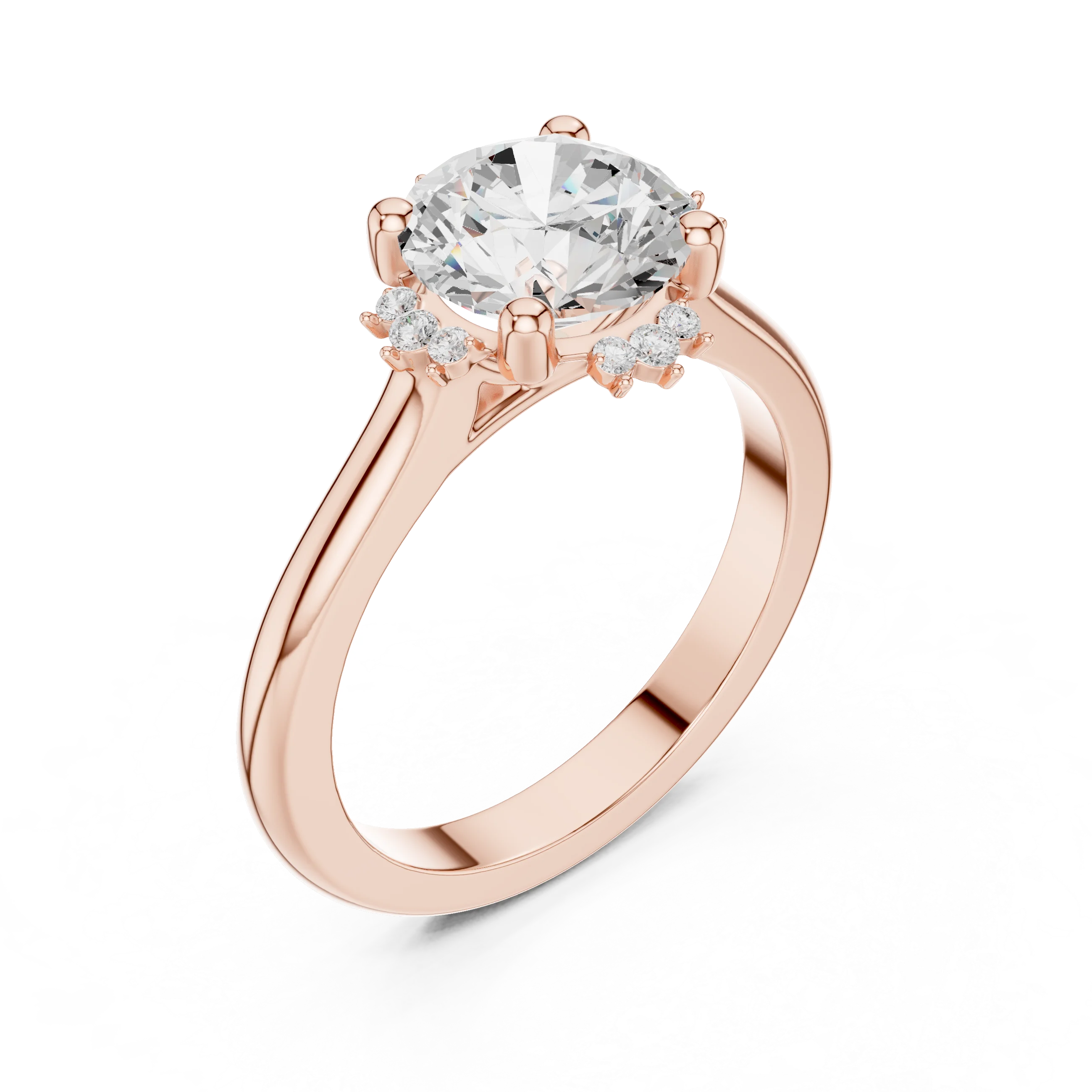 Front view of rose gold round starburst cluster halo ring with plain domed band and lab-grown diamond – Australia