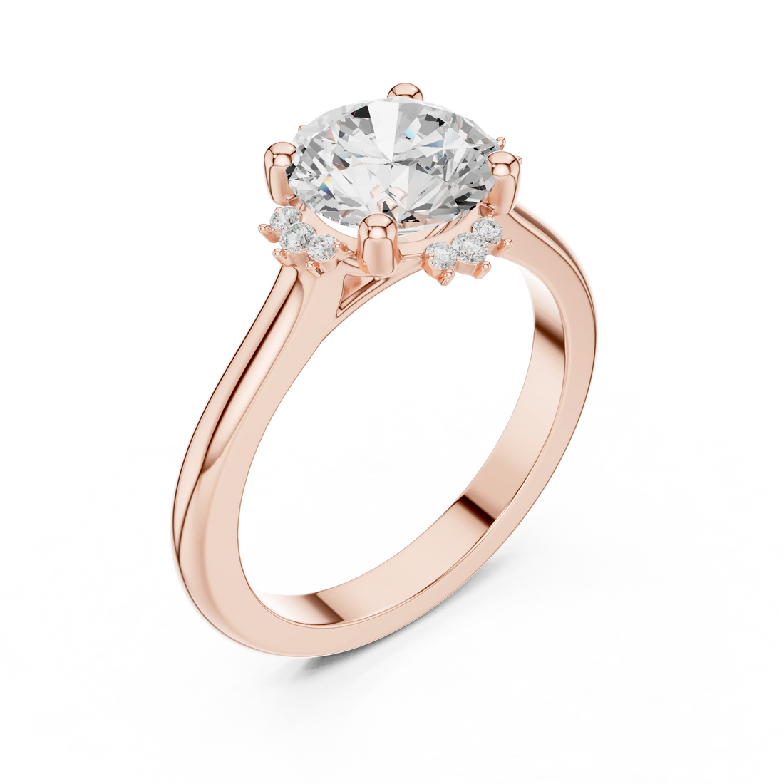 Front view of rose gold round starburst cluster halo ring with plain domed band and lab-grown diamond – Australia