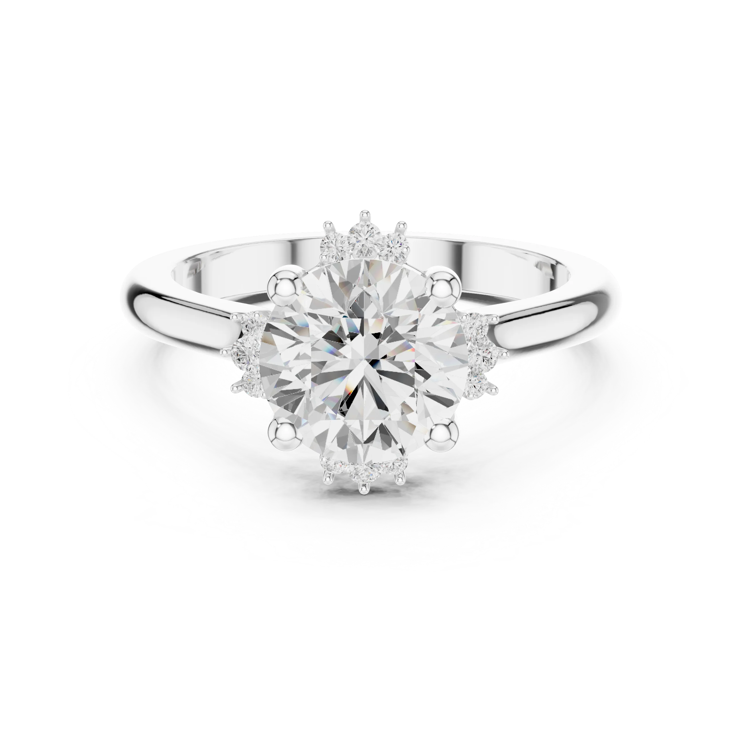 Round starburst cluster halo ring in white gold with plain domed band and lab-grown diamond – Australia