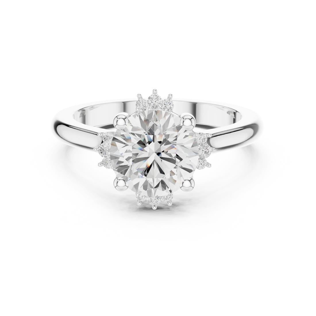 Round starburst cluster halo ring in white gold with plain domed band and lab-grown diamond – Australia