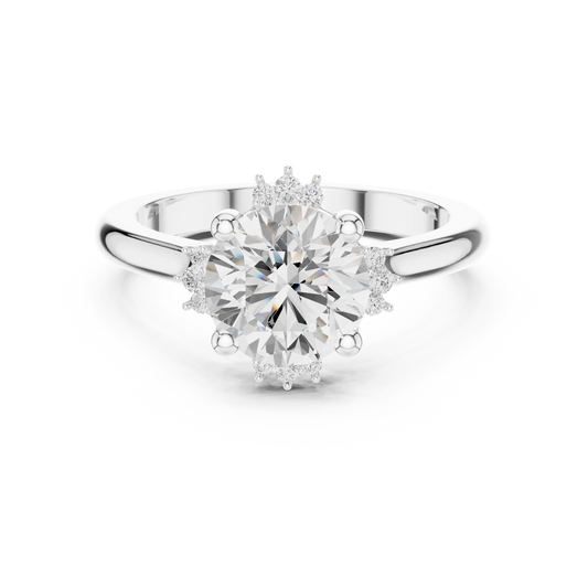 Round starburst cluster halo ring in white gold with plain domed band and lab-grown diamond – Australia