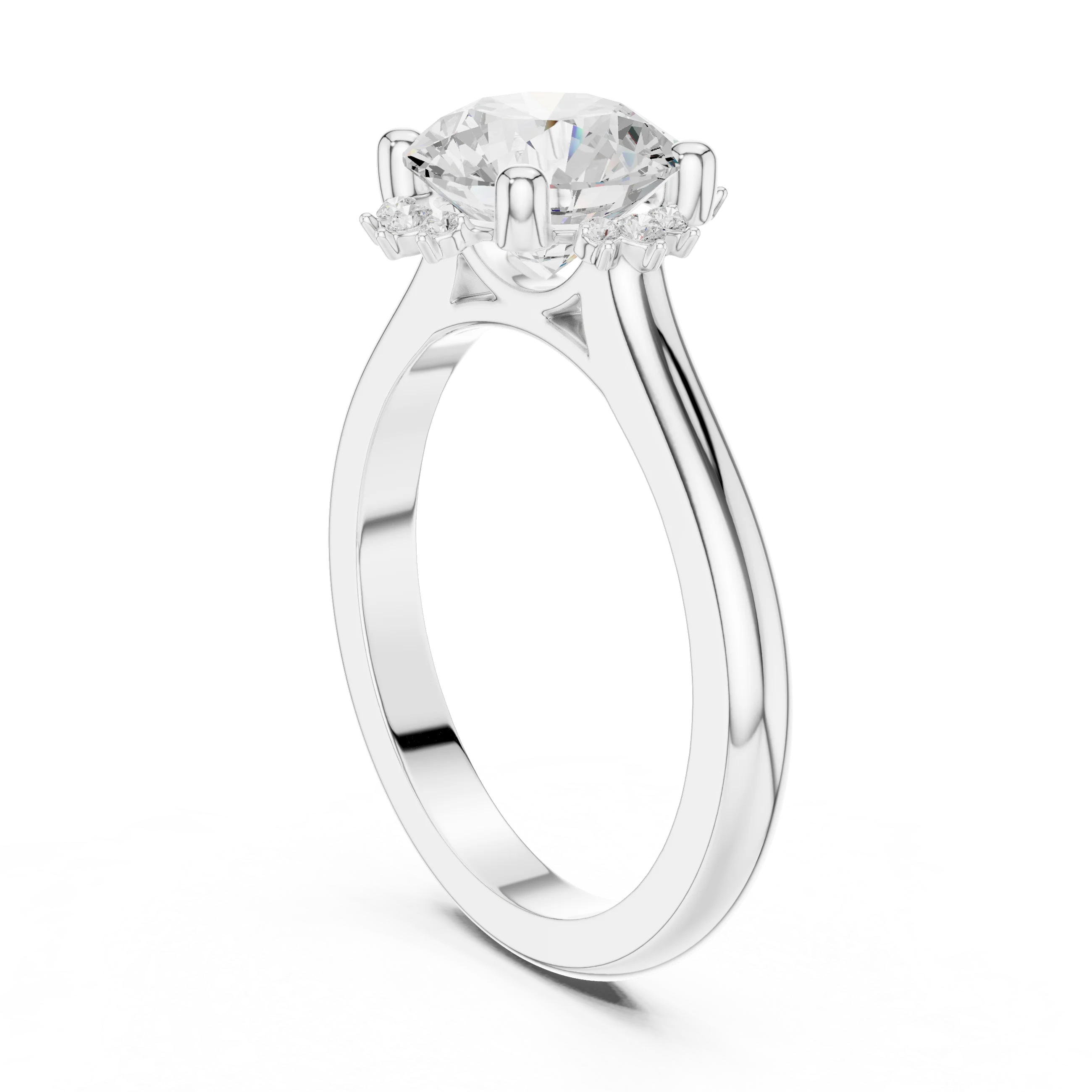 Back view of white gold round starburst cluster halo ring with plain domed band and lab-grown diamond – Australia