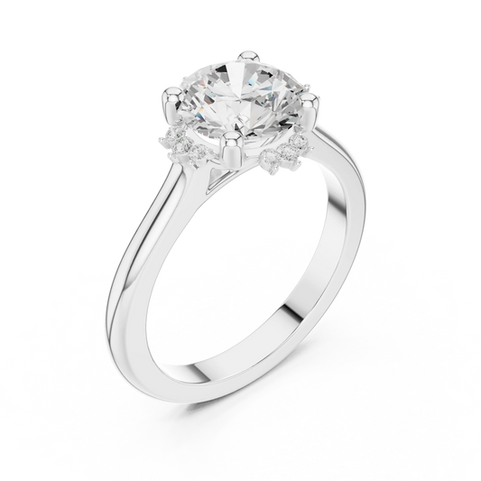 Front view of white gold round starburst cluster halo ring with plain domed band and lab-grown diamond – Australia