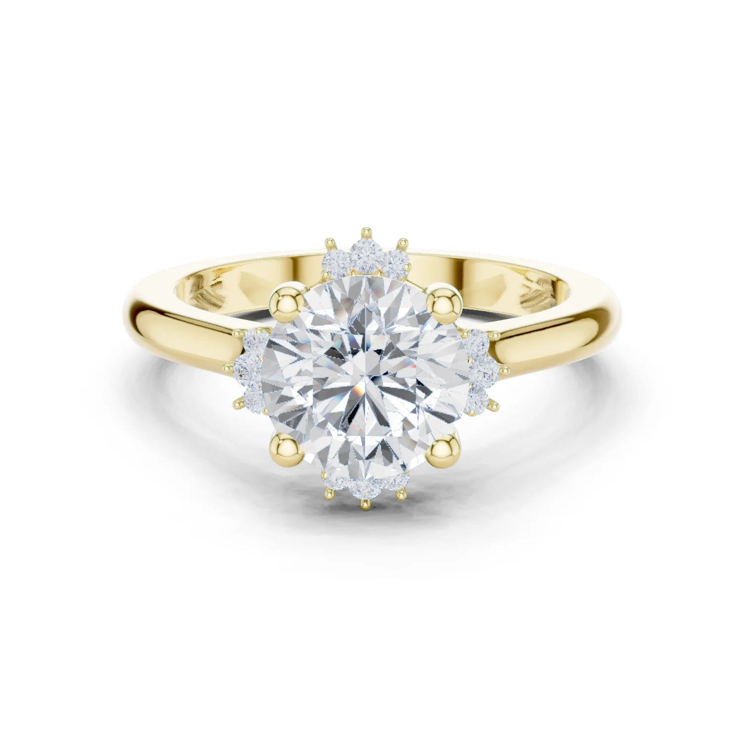 Round starburst cluster halo ring in yellow gold with plain domed band and lab-grown diamond – Australia