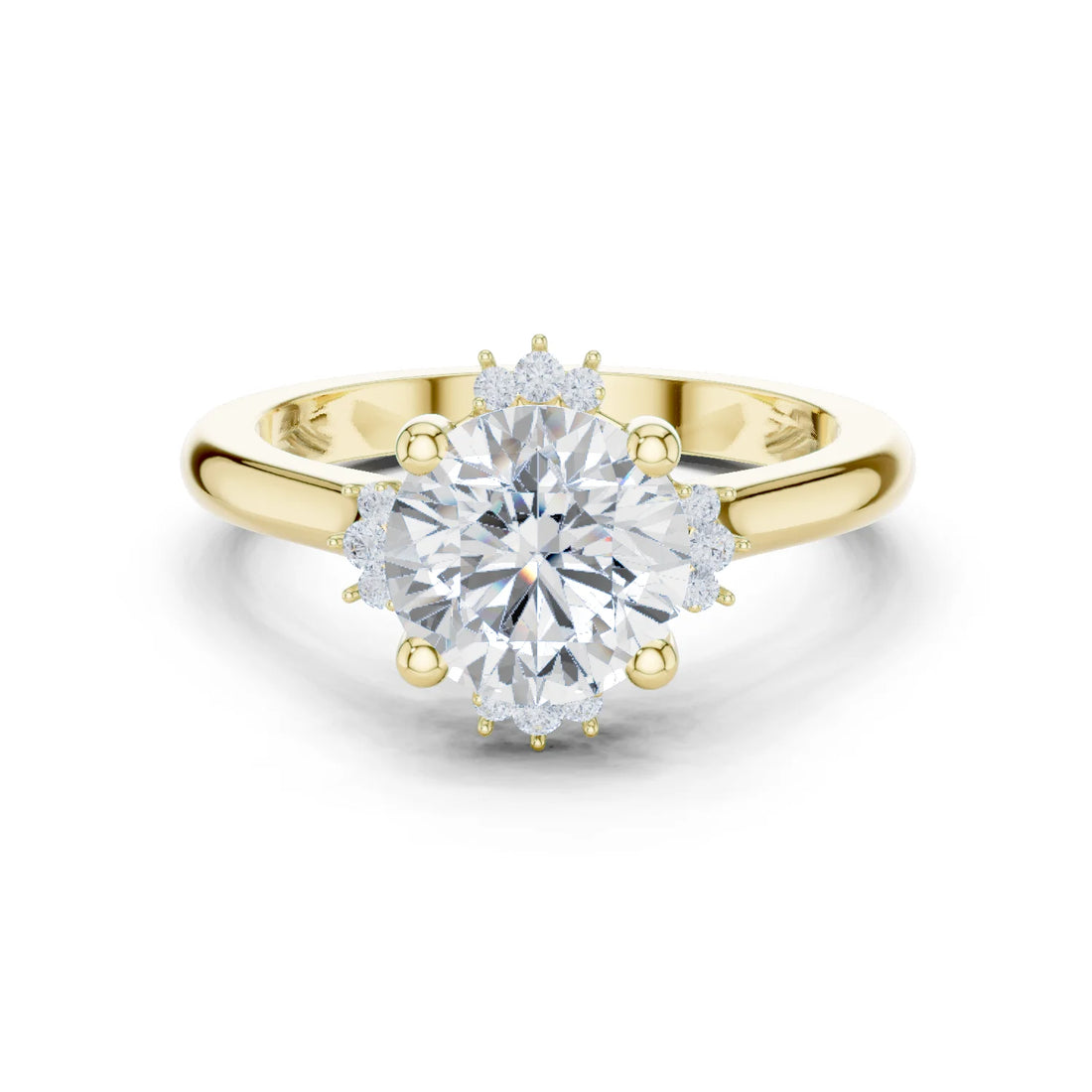 Round starburst cluster halo ring in yellow gold with plain domed band and lab-grown diamond – Australia