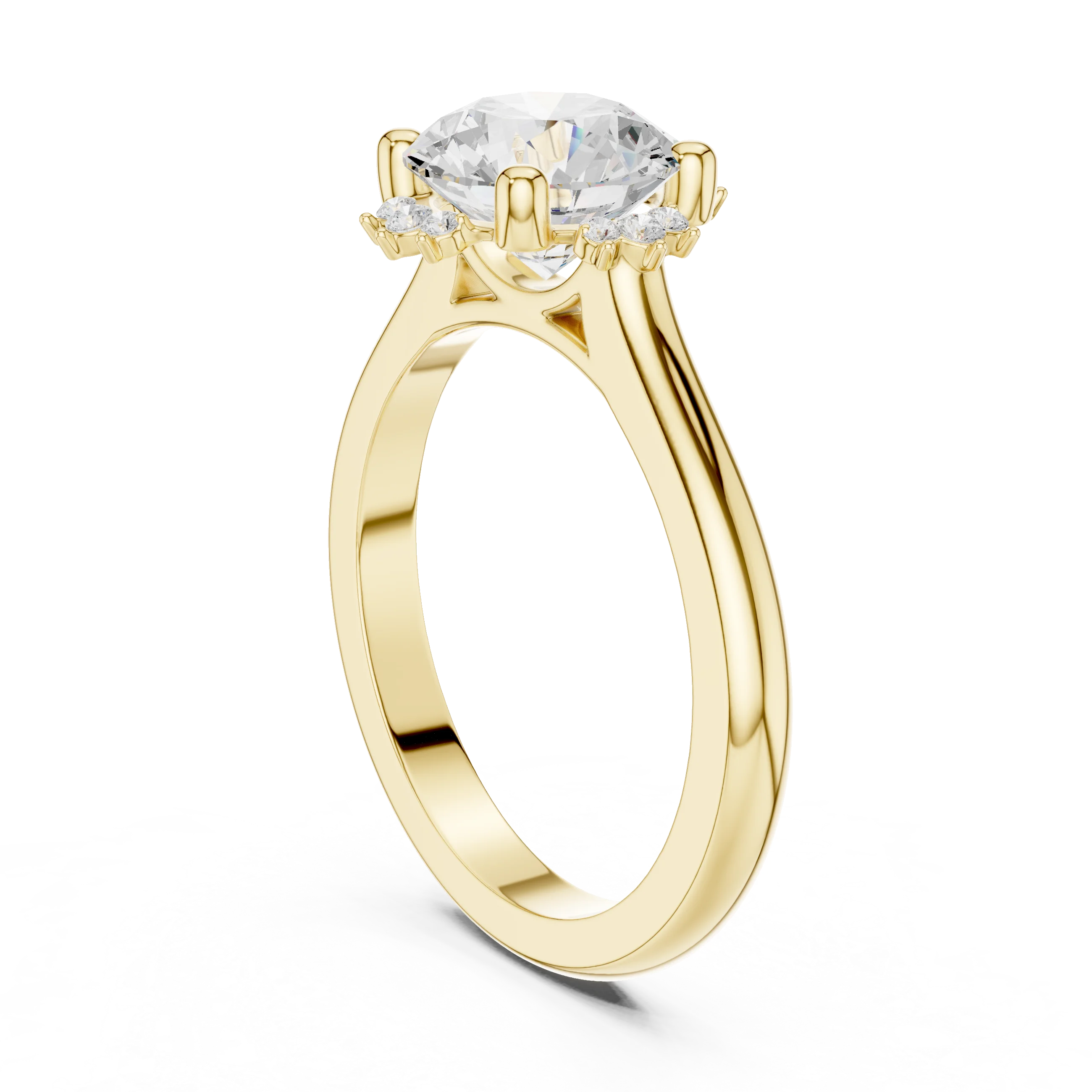 Back view of yellow gold round starburst cluster halo ring with plain domed band and lab-grown diamond – Australia