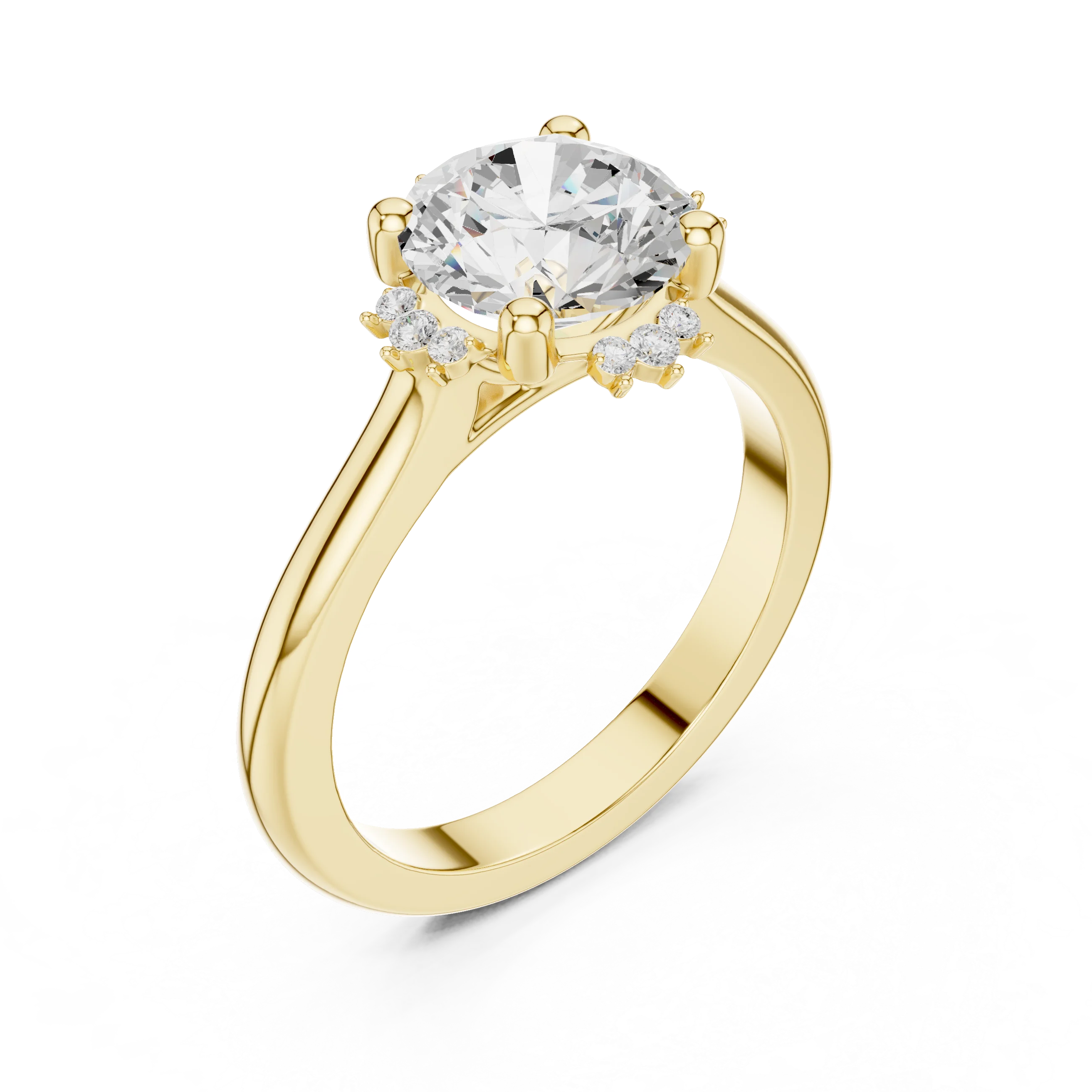 Front view of yellow gold round starburst cluster halo ring with plain domed band and lab-grown diamond – Australia