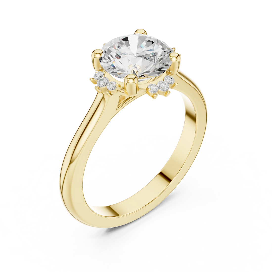 Front view of yellow gold round starburst cluster halo ring with plain domed band and lab-grown diamond – Australia
