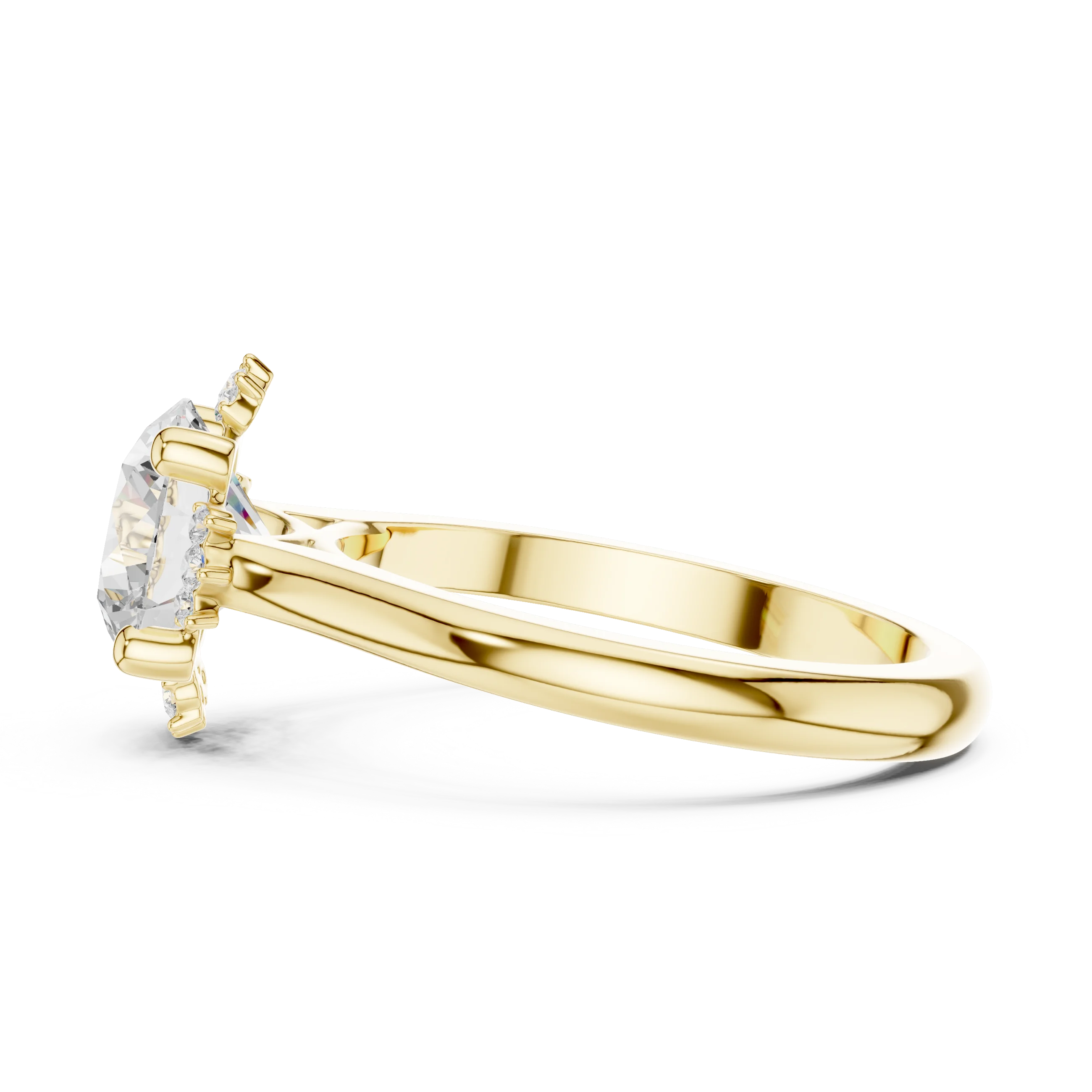 Side view of yellow gold round starburst cluster halo ring with plain domed band and lab-grown diamond – Australia