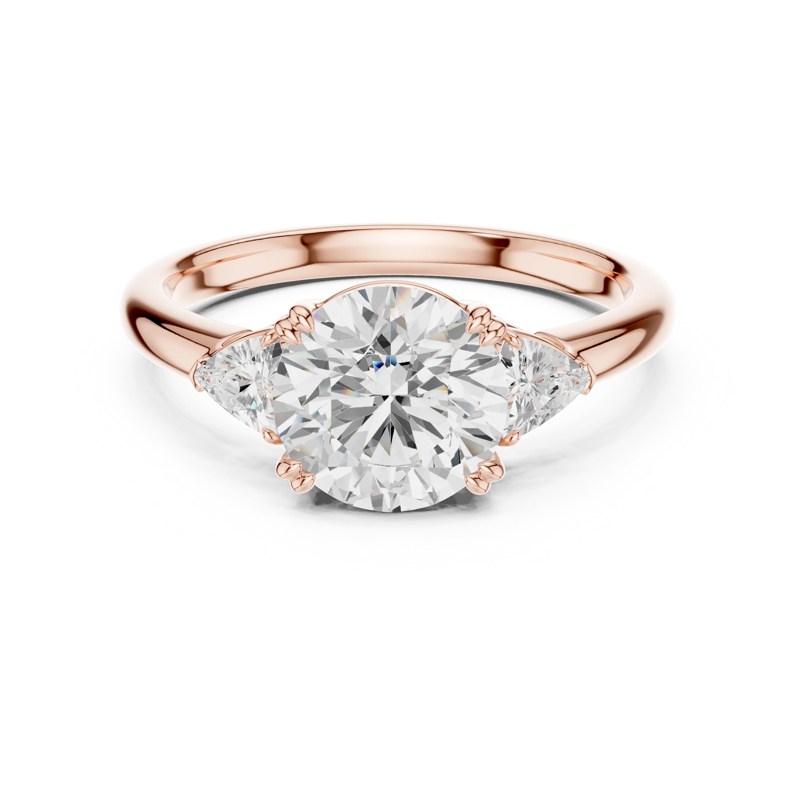 Round three-stone ring in rose gold with half-moon side stones and lab-grown diamond – Australia