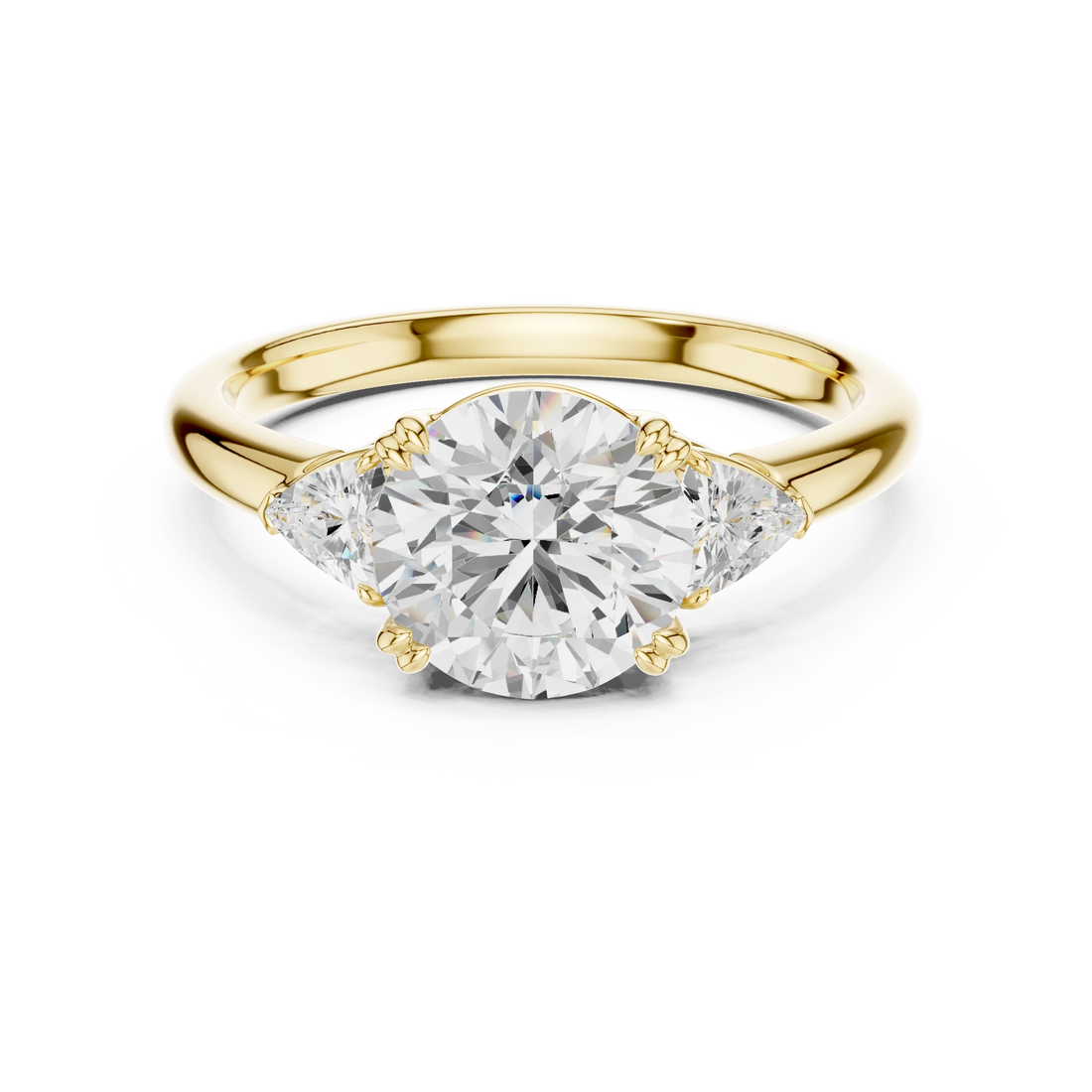 Round three-stone ring in yellow gold with half-moon side stones and lab-grown diamond – Australia