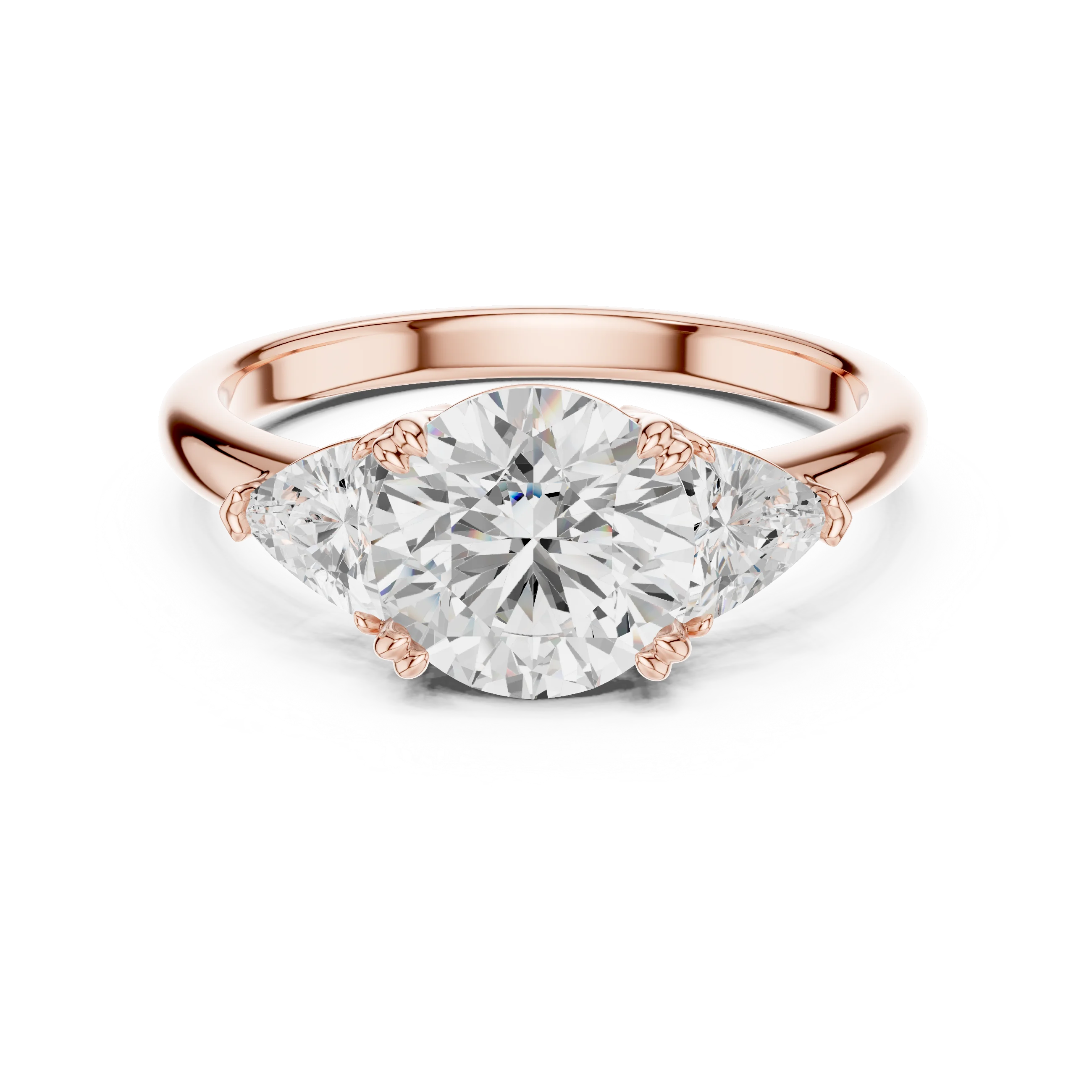 Round three-stone ring in rose gold with trillion cut side stones and lab-grown diamond – Australia