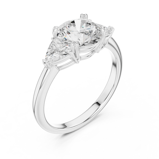 Front view of white gold round three-stone ring with trillion cut side stones and lab-grown diamond – Australia