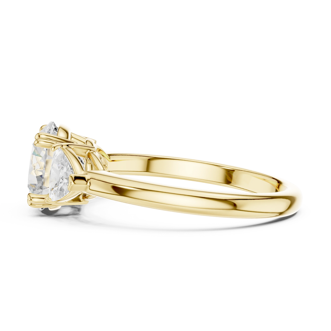 Side view of yellow gold round three-stone ring with trillion cut side stones and lab-grown diamond – Australia