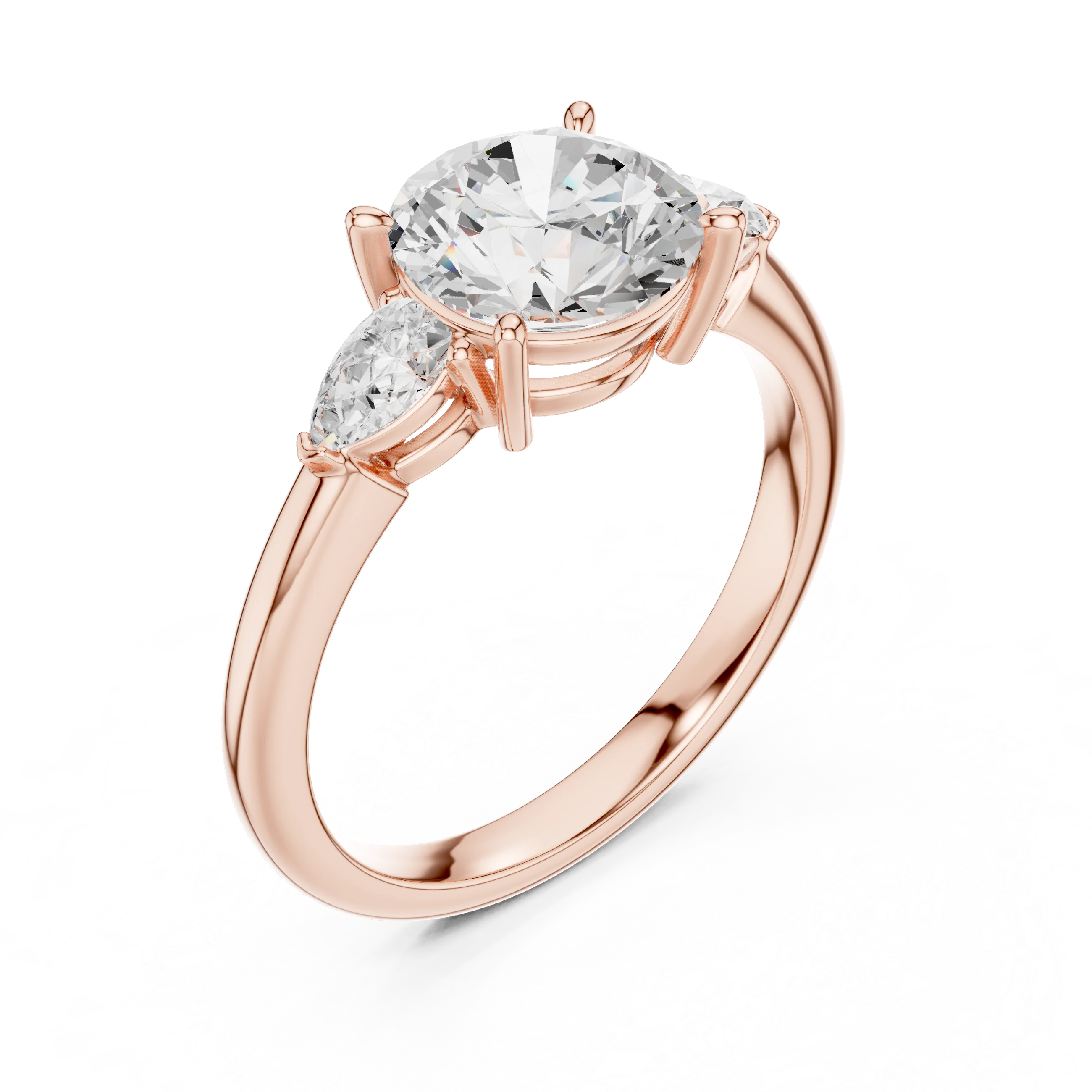 Front view of rose gold round three-stone ring with pear side stones and lab-grown diamond – Australia