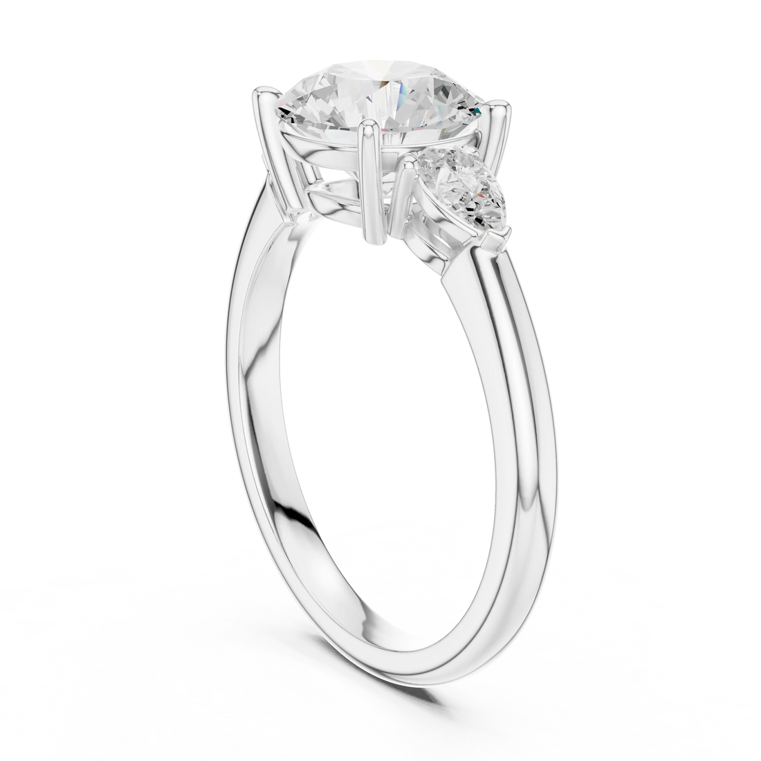 Back side view of white gold round three-stone ring with pear side stones and lab-grown diamond – Australia