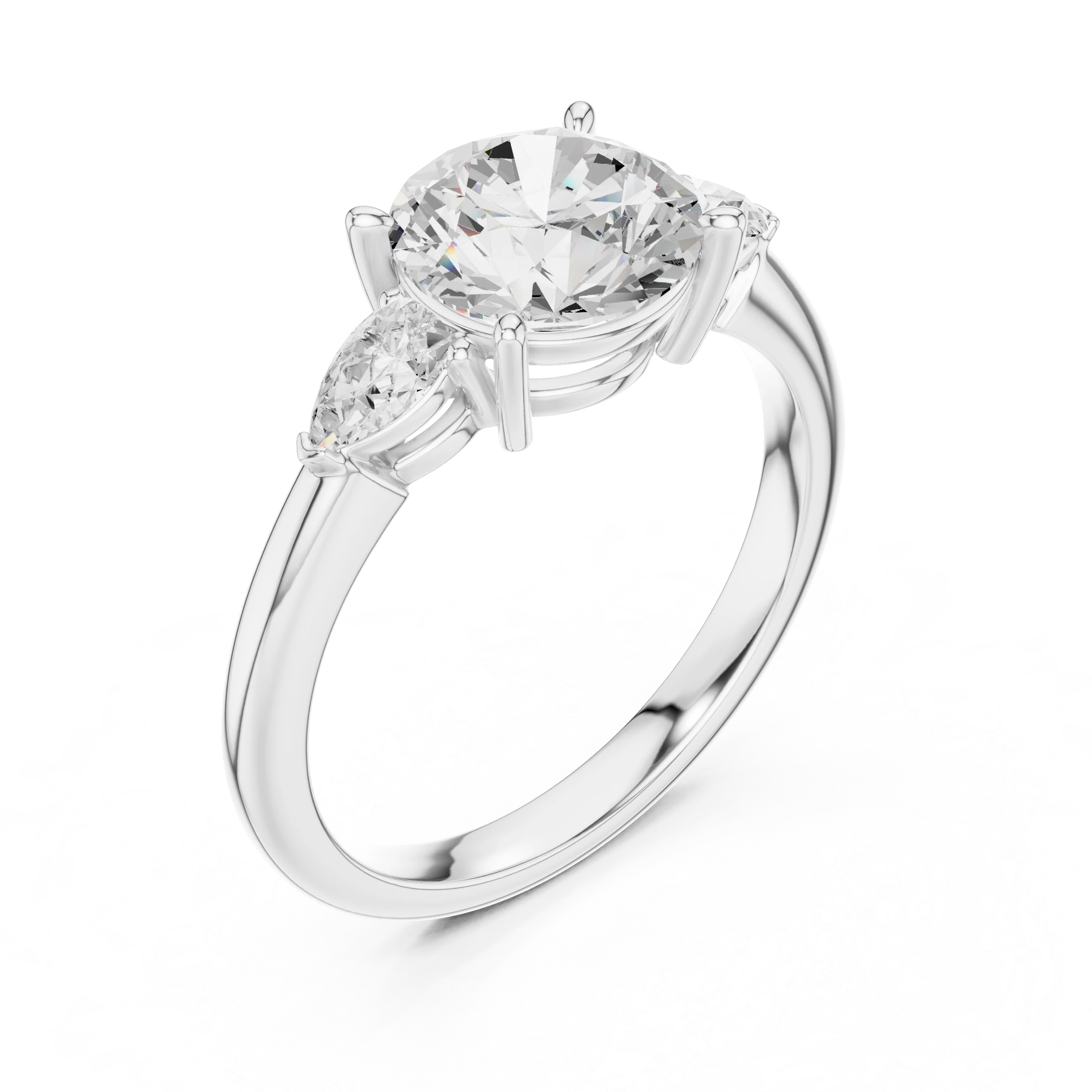 Front view of white gold round three-stone ring with pear side stones and lab-grown diamond – Australia