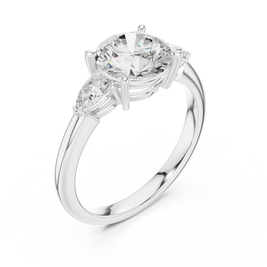 Front view of white gold round three-stone ring with pear side stones and lab-grown diamond – Australia