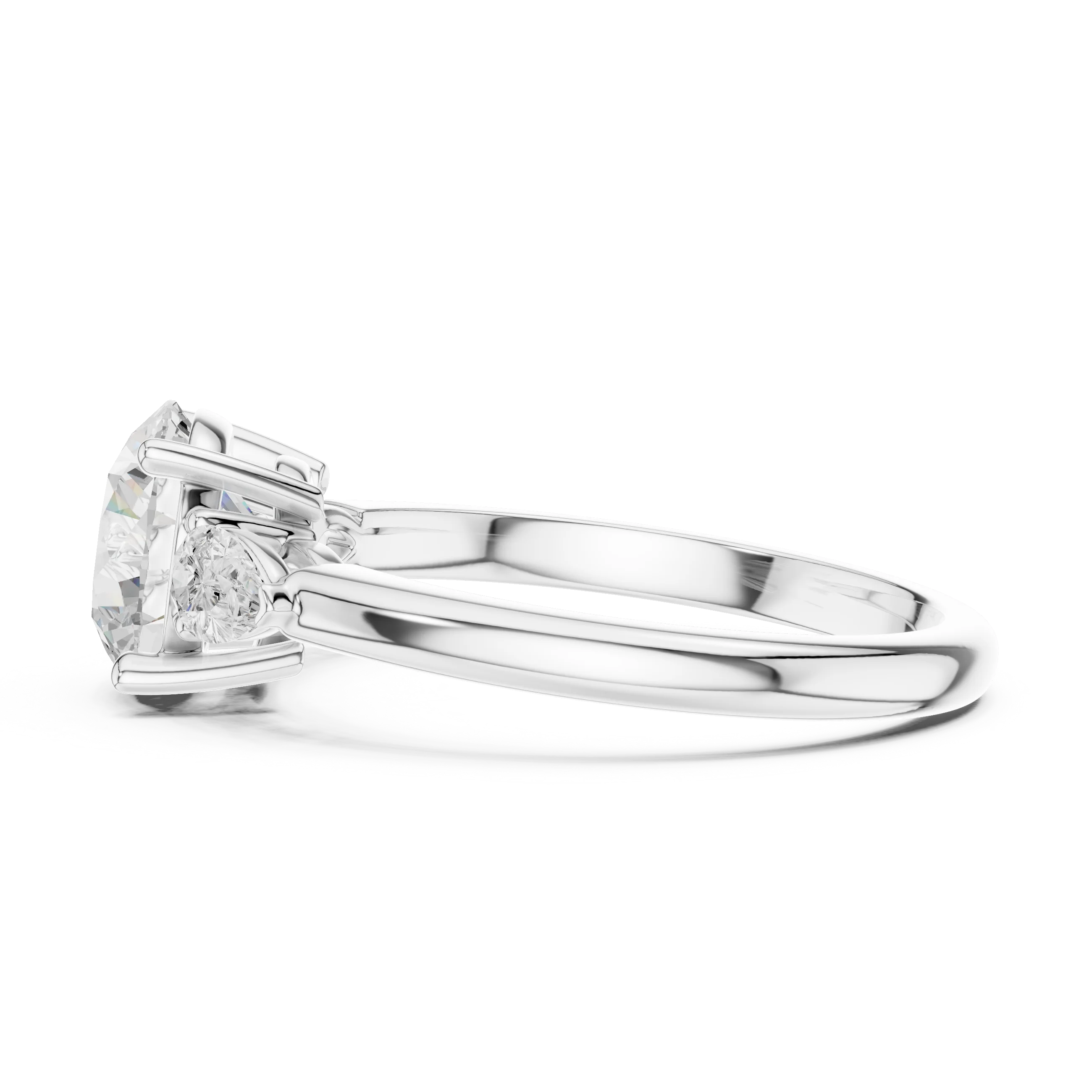 Side view of white gold round three-stone ring with pear side stones and lab-grown diamond – Australia