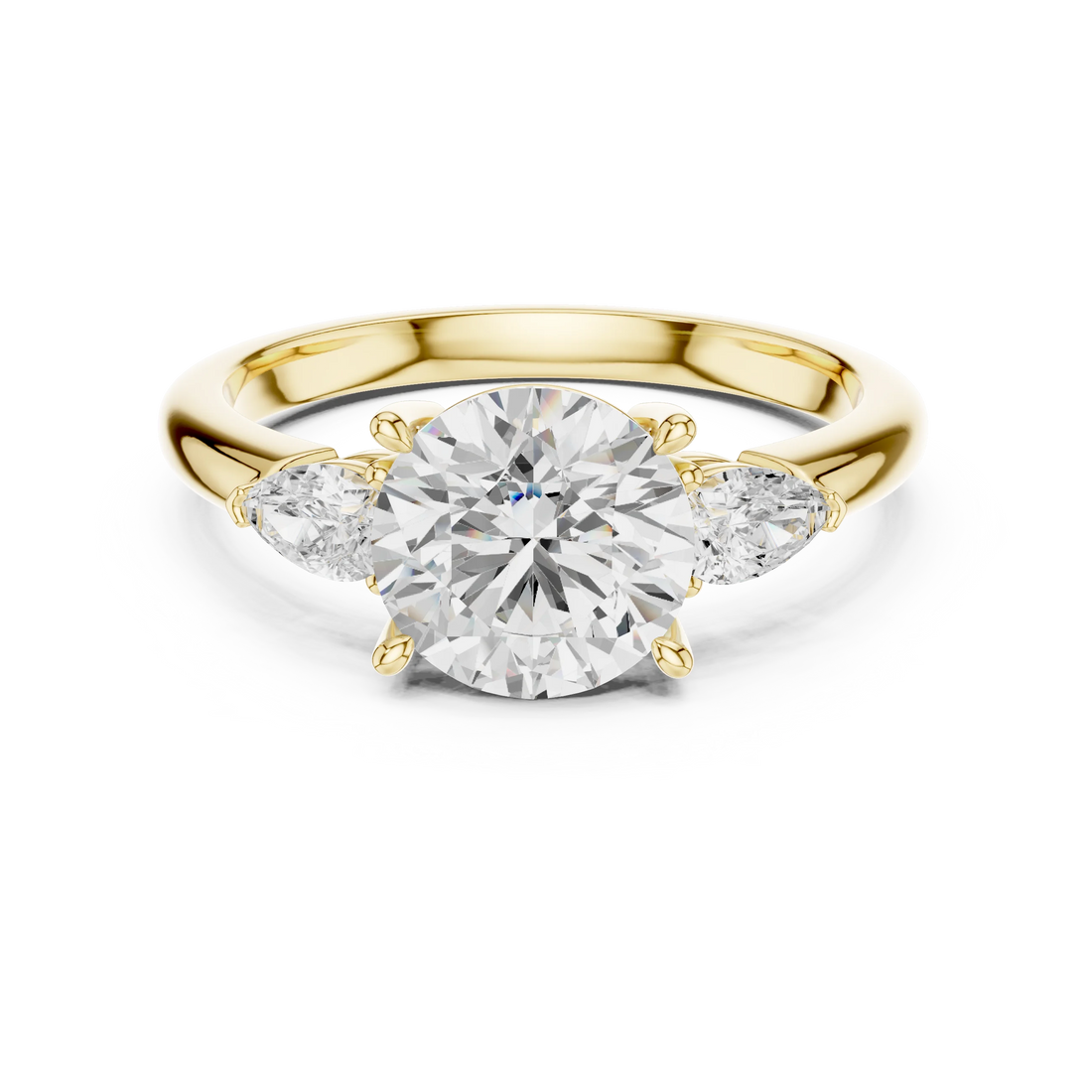 Round three-stone ring in yellow gold with pear side stones and lab-grown diamond – Australia