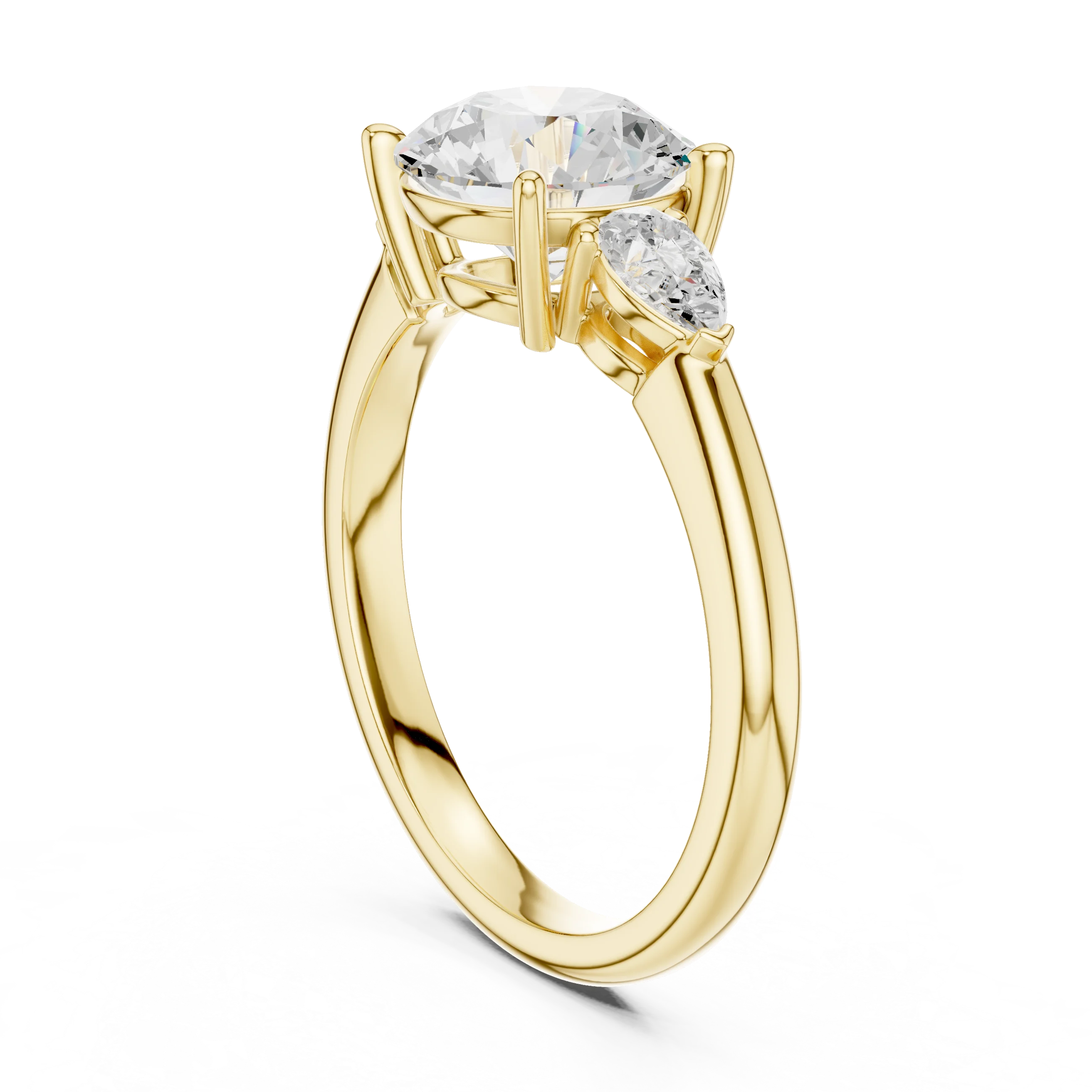 Back side view of yellow gold round three-stone ring with pear side stones and lab-grown diamond – Australia