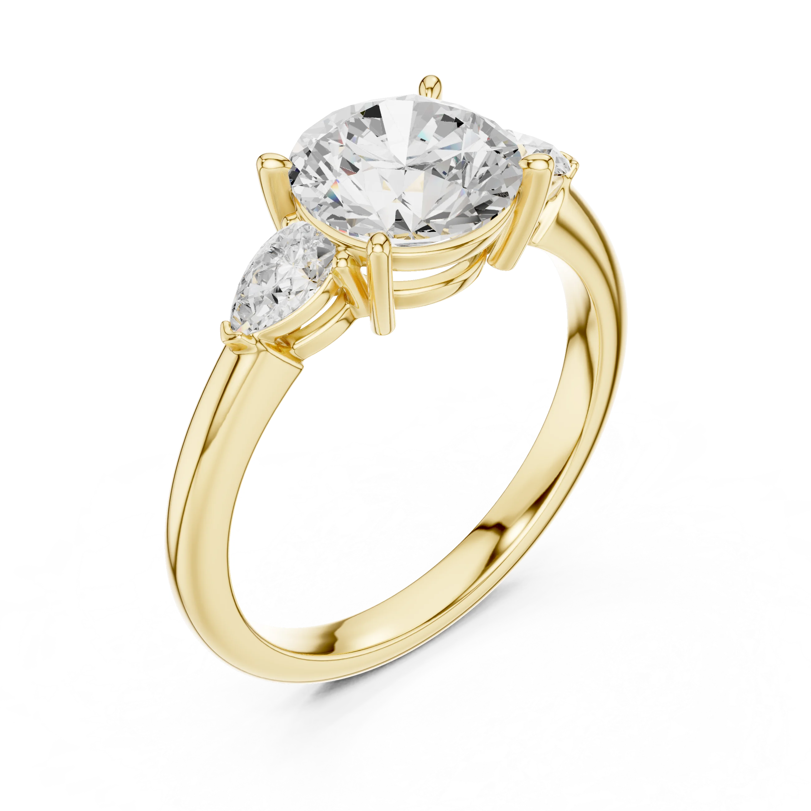 Front view of yellow gold round three-stone ring with pear side stones and lab-grown diamond – Australia