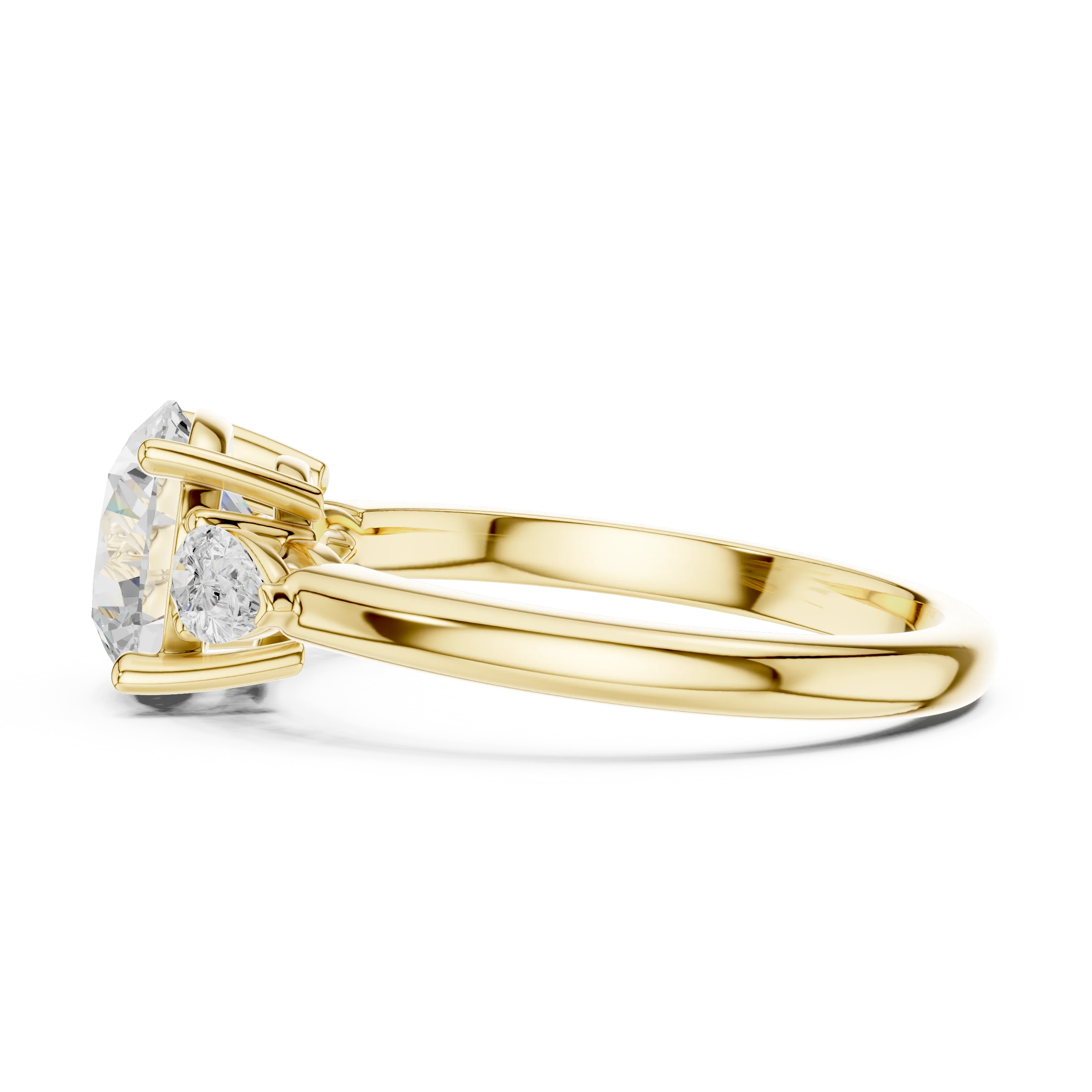 Side view of yellow gold round three-stone ring with pear side stones and lab-grown diamond – Australia