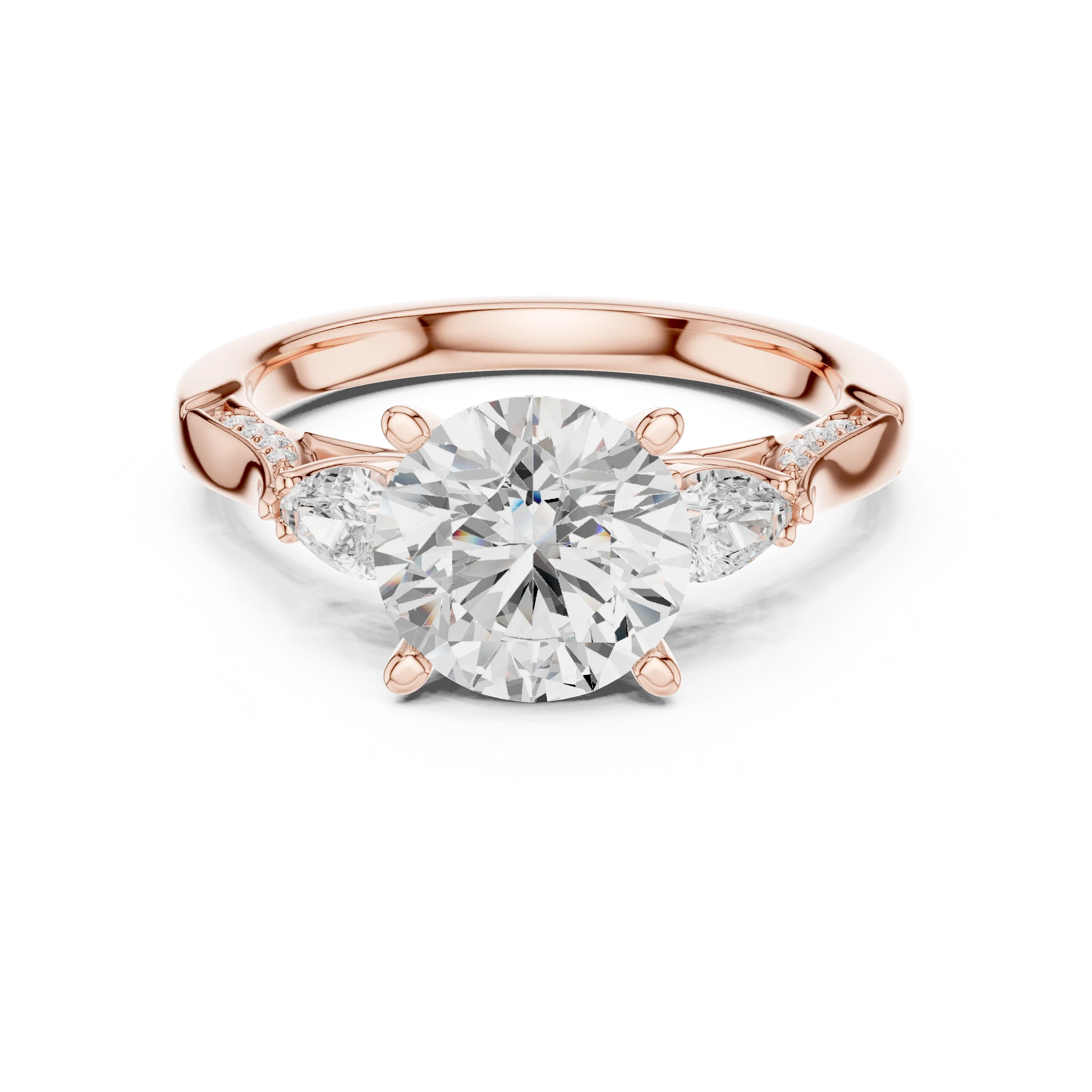Round three stone ring in rose gold with pear side stones, pave accents and lab-grown diamonds – Australia