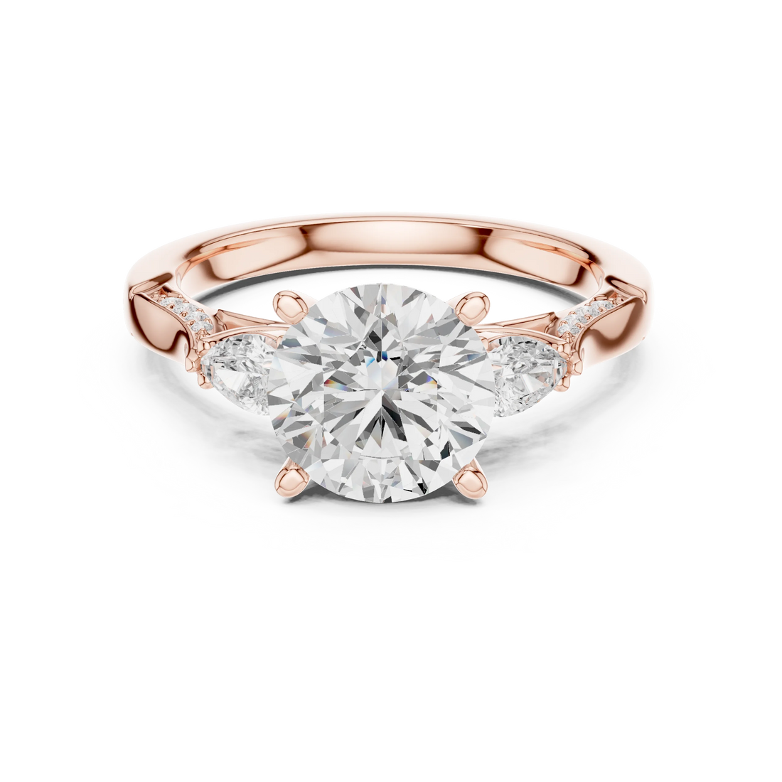 Round three stone ring in rose gold with pear side stones, pave accents and lab-grown diamonds – Australia