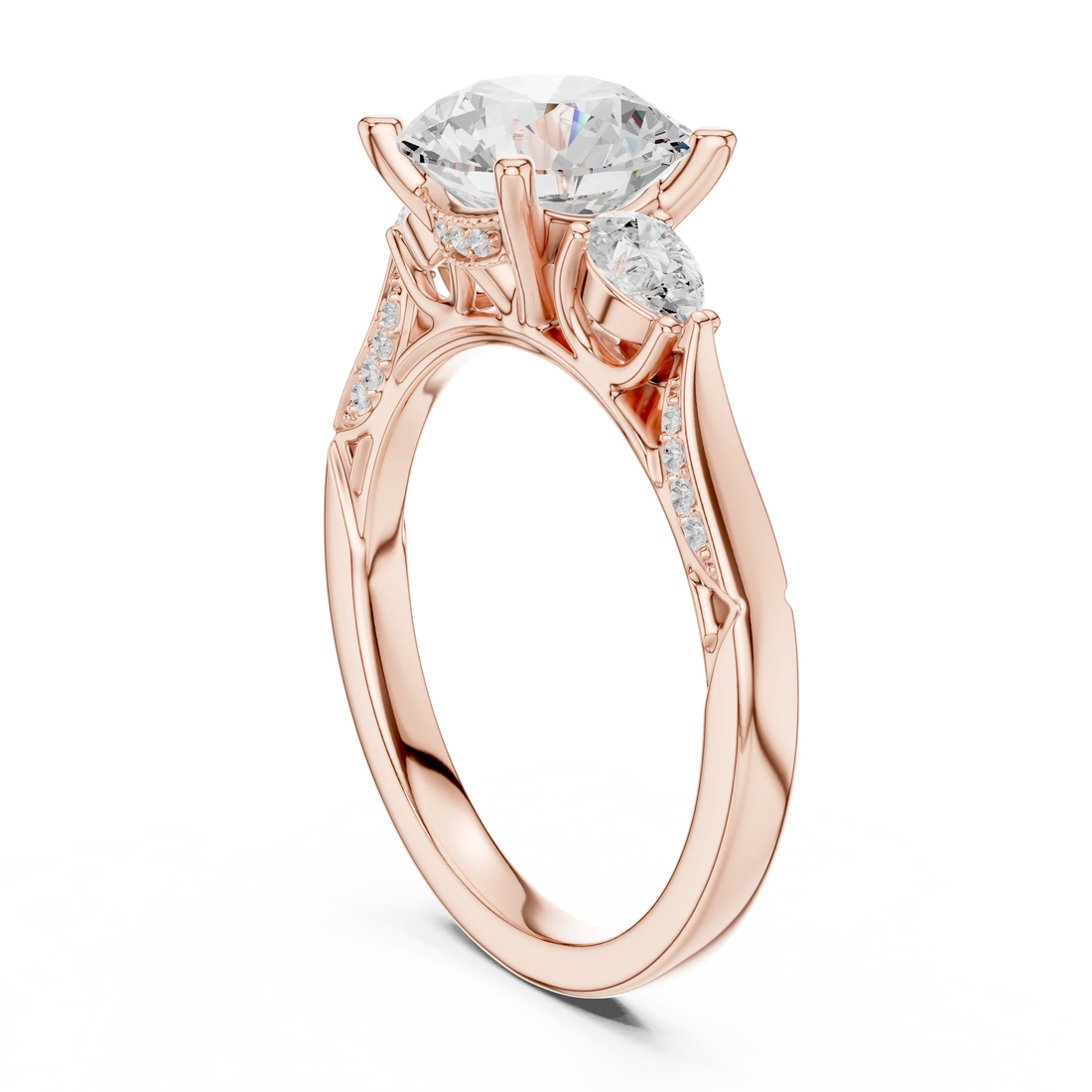 Back view of rose gold round three stone ring with pear side stones, pave accents and lab-grown diamonds – Australia