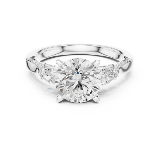 Round three stone ring in white gold with pear side stones, pave accents and lab-grown diamonds – Australia