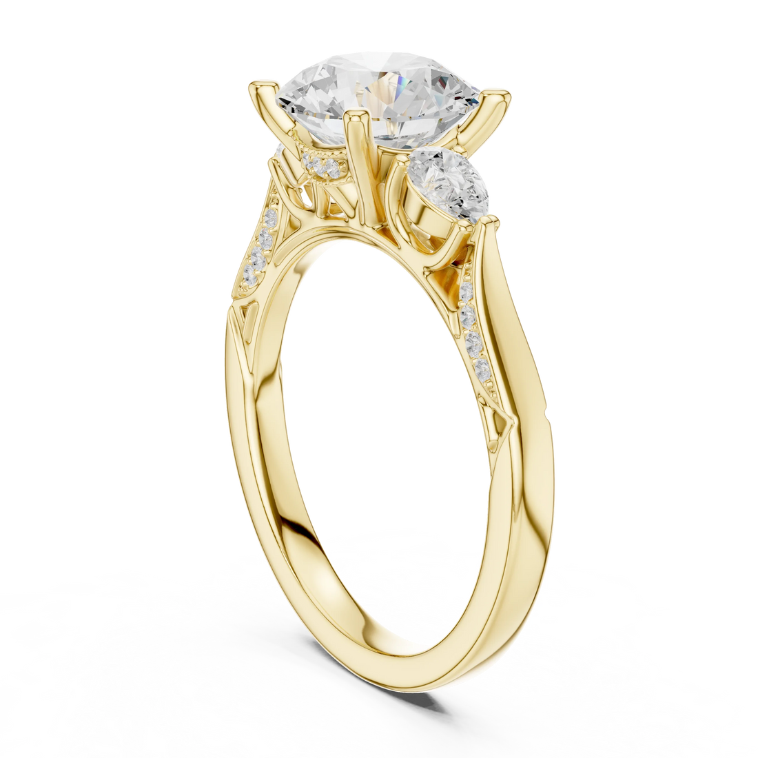 Back view of yellow gold round three stone ring with pear side stones, pave accents and lab-grown diamonds – Australia