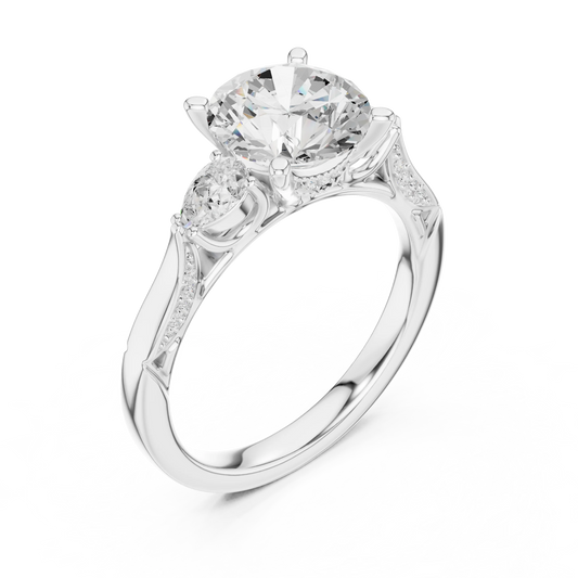 Front view of white gold round three stone ring with pear side stones, pave accents and lab-grown diamonds – Australia